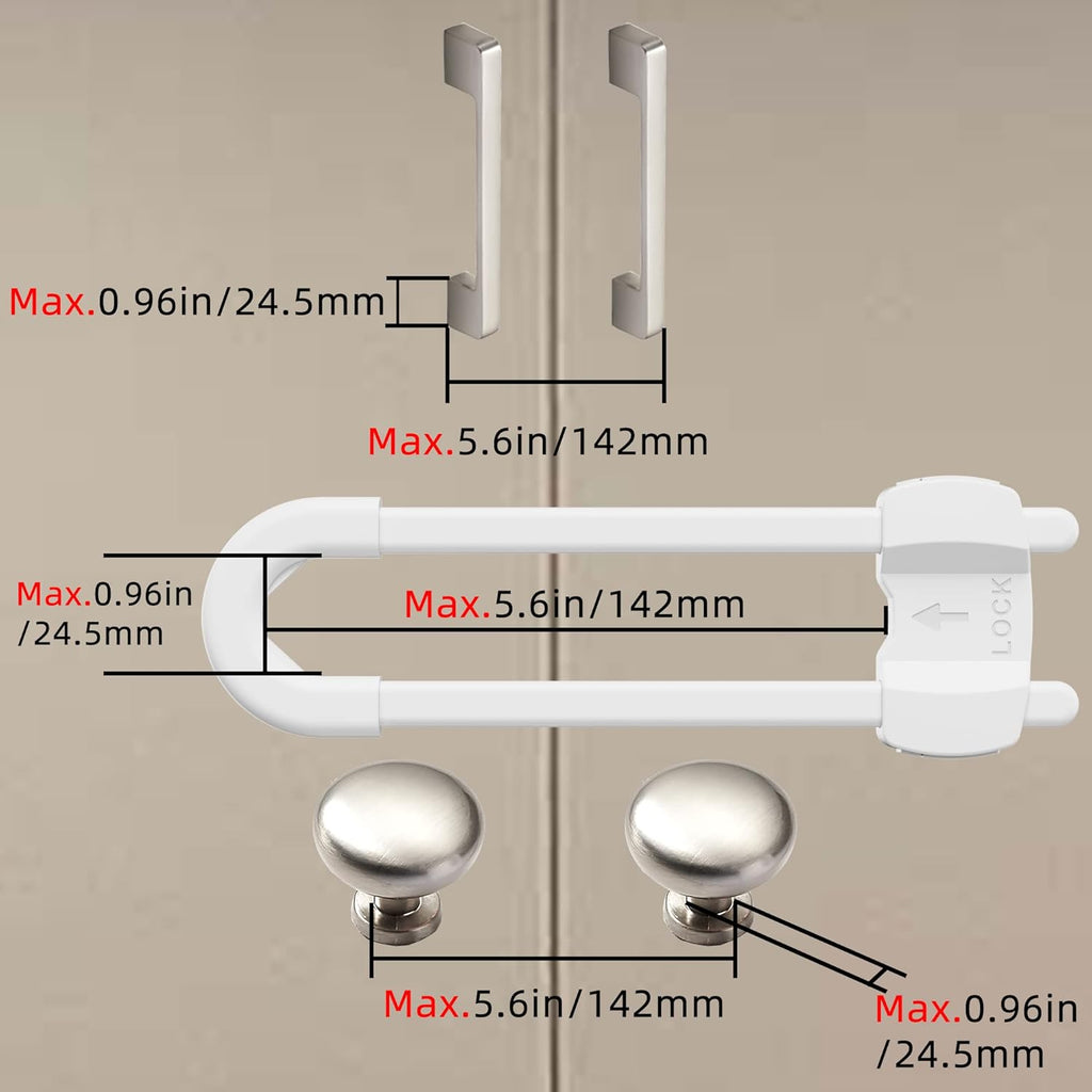 (10 pack white) 4 button Cabinet Locks, U-Shaped Proofing Drawers Safety Child Locks Adjustable, for Wardrobe,Kitchen,Bathroom,Drawer,Fridge,Cupboard Doors Knobs & Handles