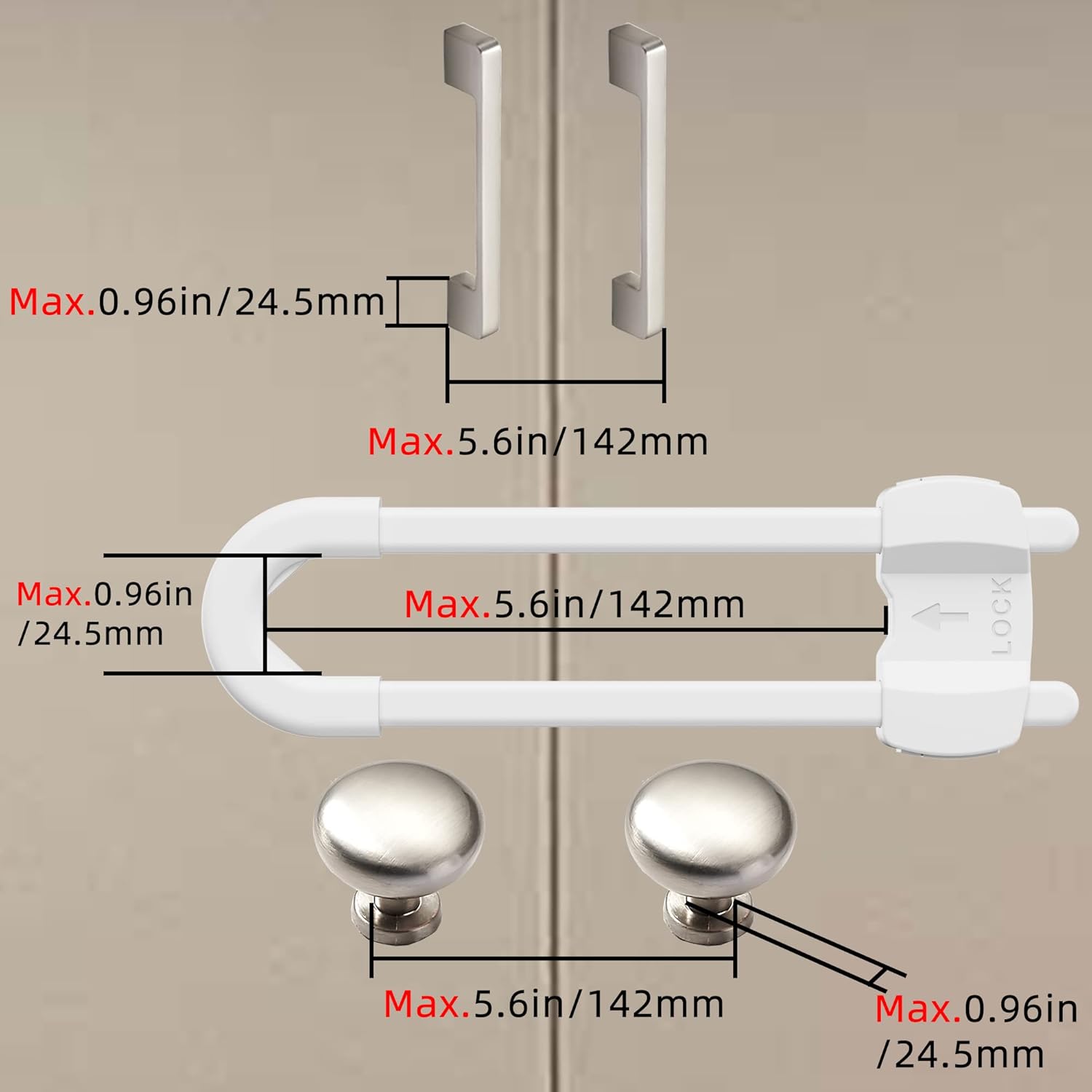 (10 pack white) 4 button Cabinet Locks, U-Shaped Proofing Drawers Safety Child Locks Adjustable, for Wardrobe,Kitchen,Bathroom,Drawer,Fridge,Cupboard Doors Knobs & Handles
