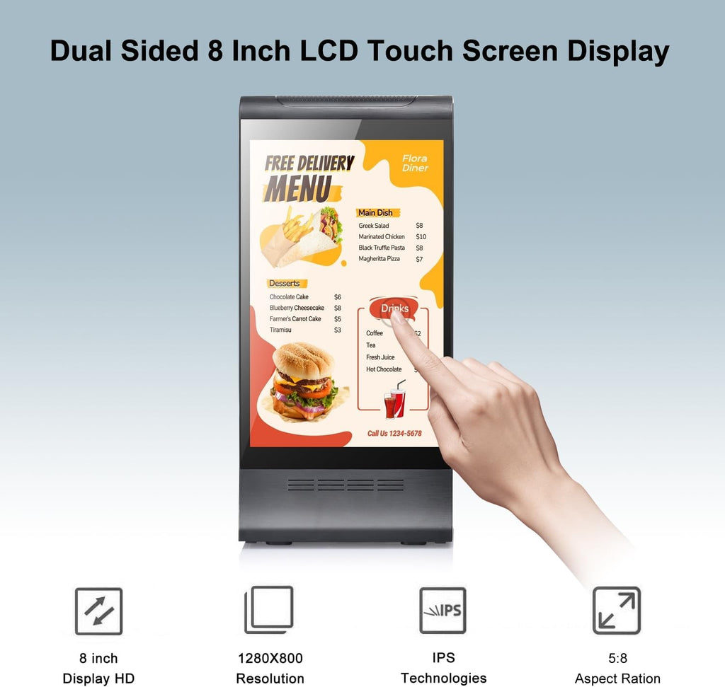 Digital Signage Display for Tabletop ,Interactive Digital Signage with Double 8 inch LCD Touch Screen and WIFI Connected,Rechargeable 23200mAh Battery,Portable Advertising Kiosk for Restaurants,Bar, Hotel ,Cafe (Black)