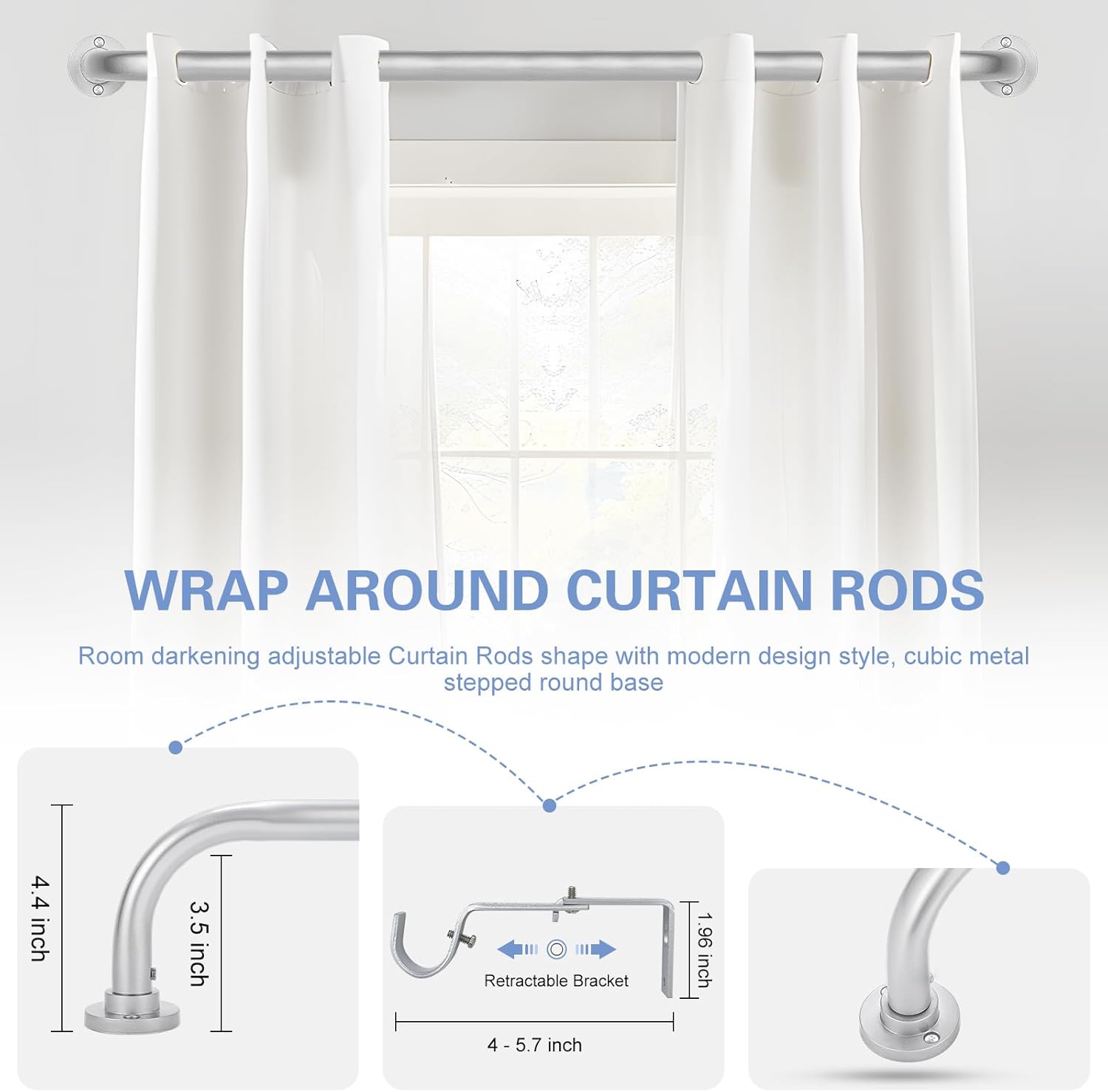 Silver Wrap Around Curtain Rods 28 to 48 Inch:Blackout Heavy duty Adjustable Window Curtain Rod for Bedroom,Industrial Darkening Curved French Metal Single Drapery Rods Easy Install,Nickel