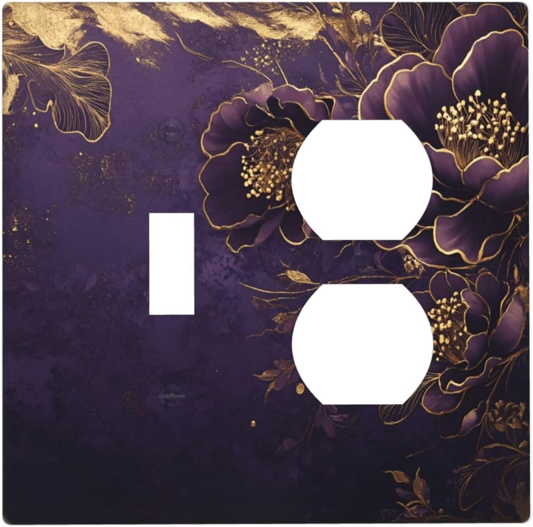 Decorative Outlet Covers Vintage Purple Peony Gold Leaf Flowers Floral 2 Gang Wall Plate Single Toggle Duplex Light Switch Cover Switch Plate Covers Faceplate for Bedroom Home Decor