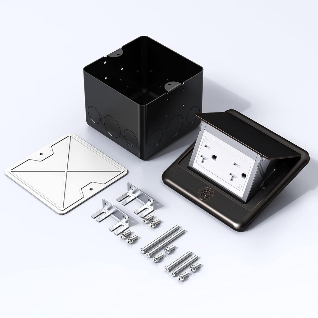 KYHSHJ Pop Up Floor Electrical Outlet Box Kit，20 Amp Stainless Steel TR Tamper-Resistant Duplex Receptacle Outlet， Corrosive Resistant Hardware，ETL Listed, Oil Rubbed Bronze
