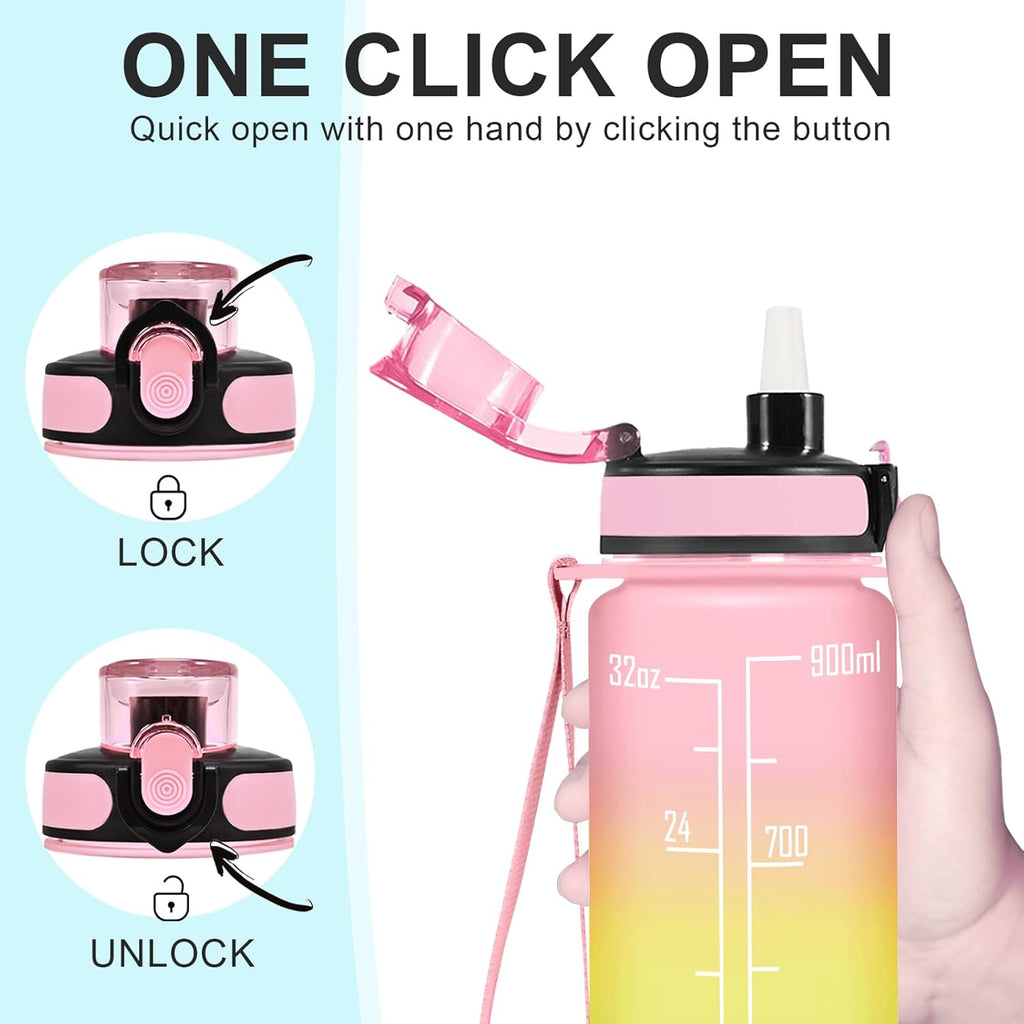 Enerbone Water Bottle, Leakproof BPA & Toxic Free, Motivational Water Bottle with Times to Drink and Straw, Fitness Sports Water Bottle with Strap for Office, Gym, Outdoor Sports
