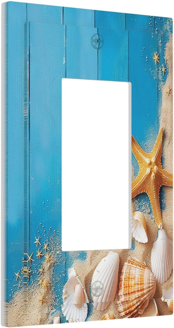 Decorative Outlet Covers Blue Wood Grain Beach Shell Starfish 1 Gang Single Rocker Light Switch Cover Plate Wall Plates GFCI Faceplate for Bathroom Farmhouse Decor