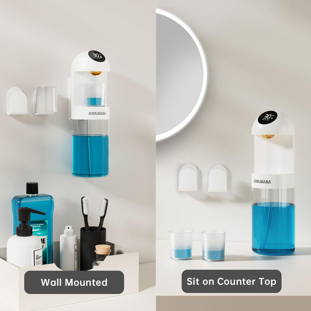 Upgraded Automatic Mouthwash Dispenser with 4 Dispensing Levels for Bathroom-GIMUBABA Smart Mouth Wash Dispenser Sets with 20.3 FL Oz Container,2 Cups & Wall Mount Accessories for Kids & Family,White