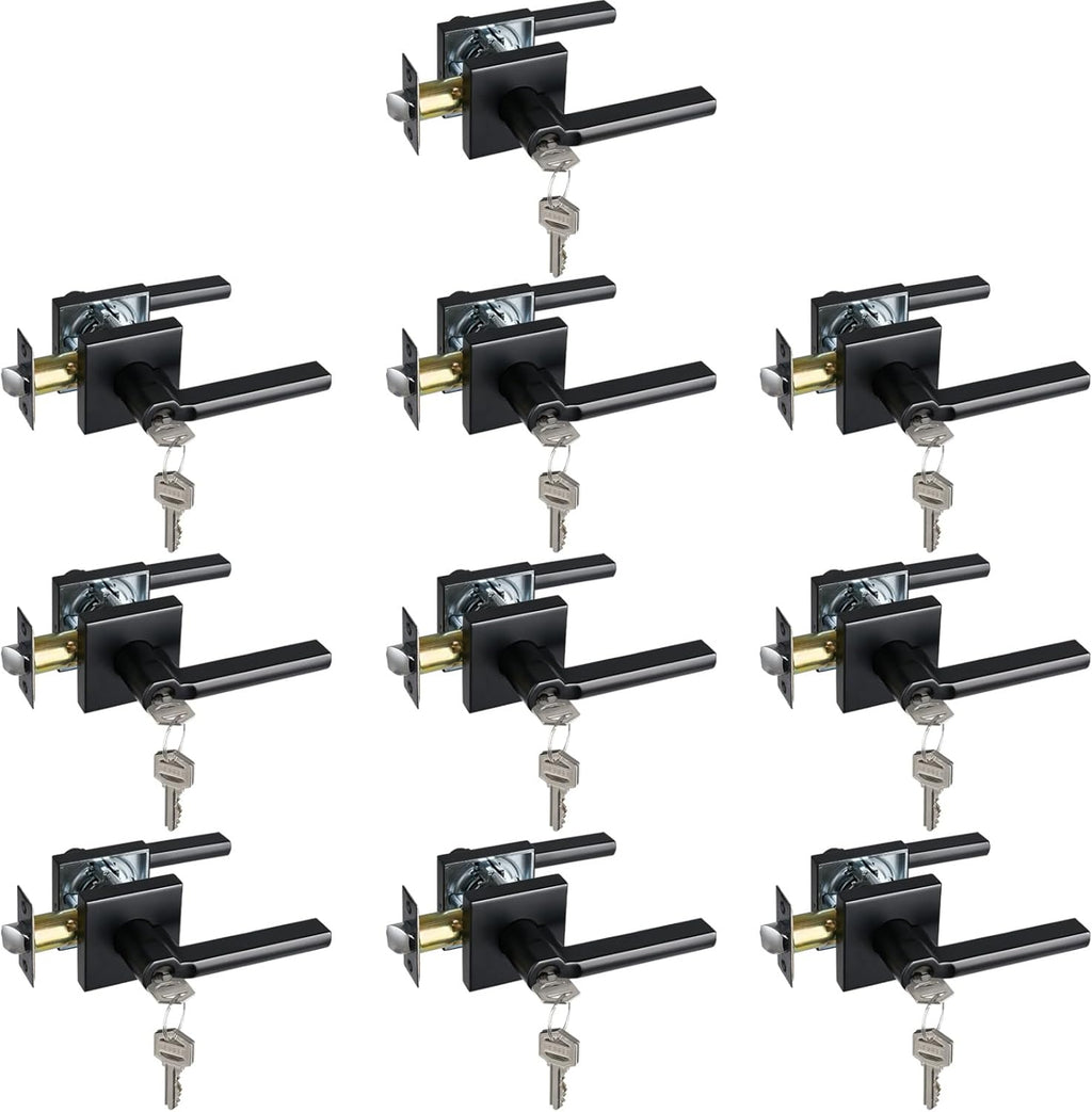 Keyed Entry Door Lever with Lock, Heavy Duty Square Interior Handle for Front Door and Office, Matte Black, Reversible for Right&Left Handed, 10Packs