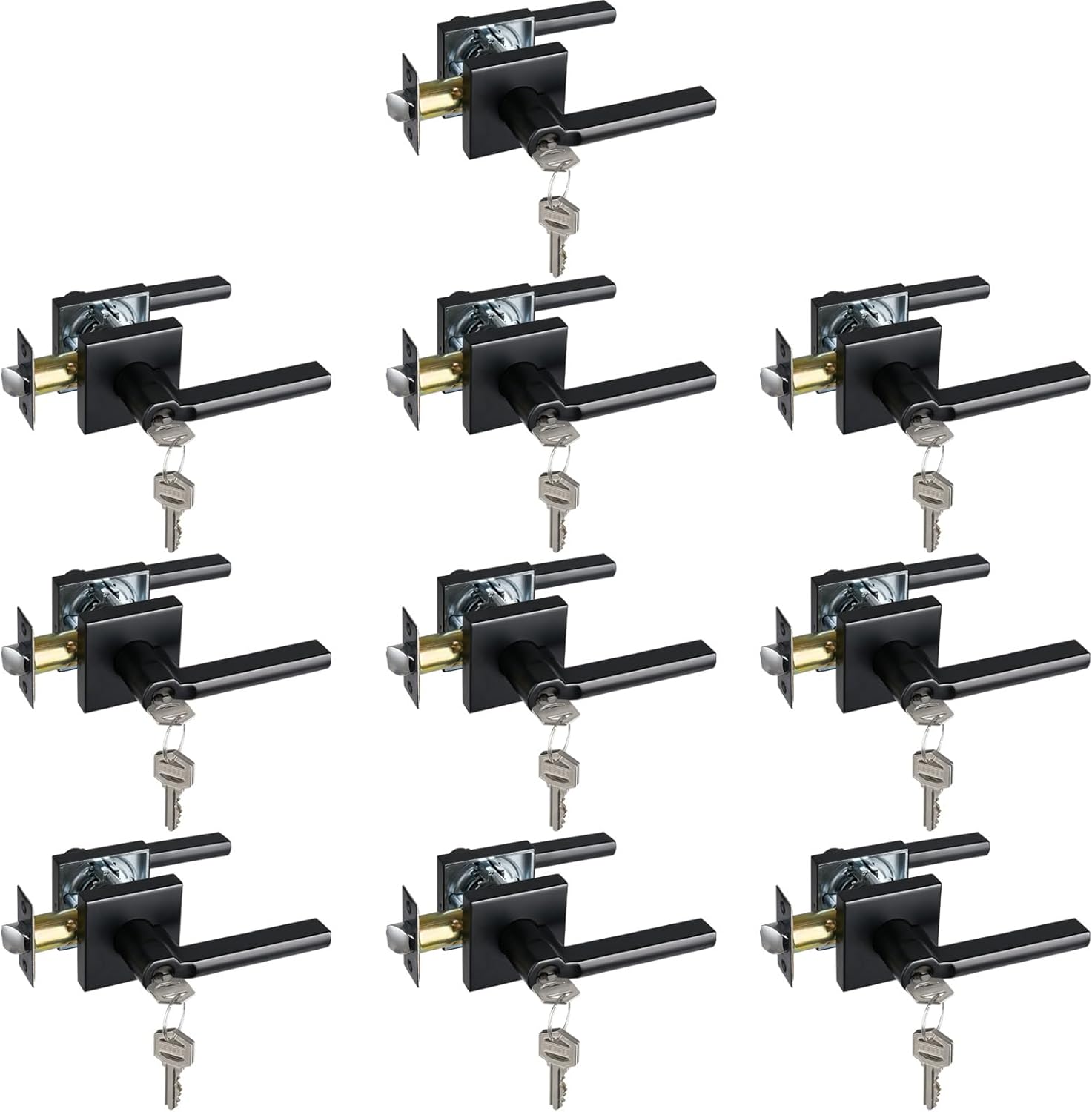 Keyed Entry Door Lever with Lock, Heavy Duty Square Interior Handle for Front Door and Office, Matte Black, Reversible for Right&Left Handed, 10Packs