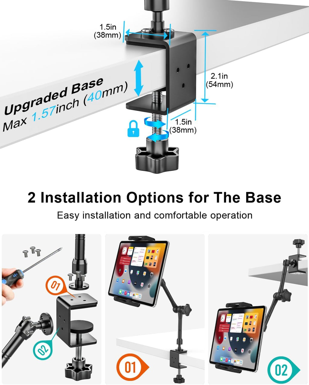Kitchen Cabinet Tablet Mount - [Metal Adjustable Arm] Under Counter Tablet Holder for Desk Bed Stand with 1.26" Depth Large Clamp for iPad Pro 13 Air Mini, Galaxy, Fire, Switch, iPhone, 6-15.6" Device