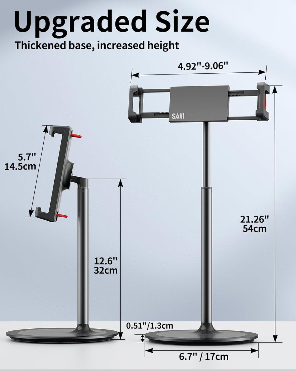 SAIJI Tablet Stand Holder, Extra-Height Adjustable Kindle Stand, 360 Degree Rotating iPad Holder, Aluminum Alloy Cradle Mount Dock for 4.7"-15.6" iPhone, Samsung, Tablets, Portable Monitor (Black)