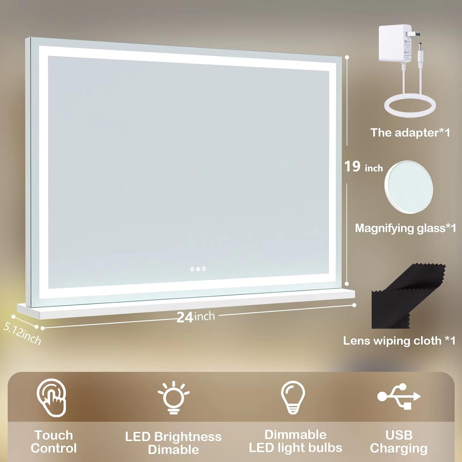 Makeup Vanity Mirror with USB Charging Port 24" x 19" Large LED Makeup Mirror, Desk Mirorr with Lights, Light up Mirror with 10X Magnification and, Dimmable 3 Modes, Touch Control White