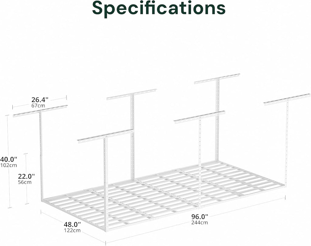 SunsGrove 4x8 Overhead Garage Storage Rack Organization, Adjustable Ceiling Mounted Storage Racks, 800LBS Weight Capacity, 22"-40" Ceiling Dropdown, White