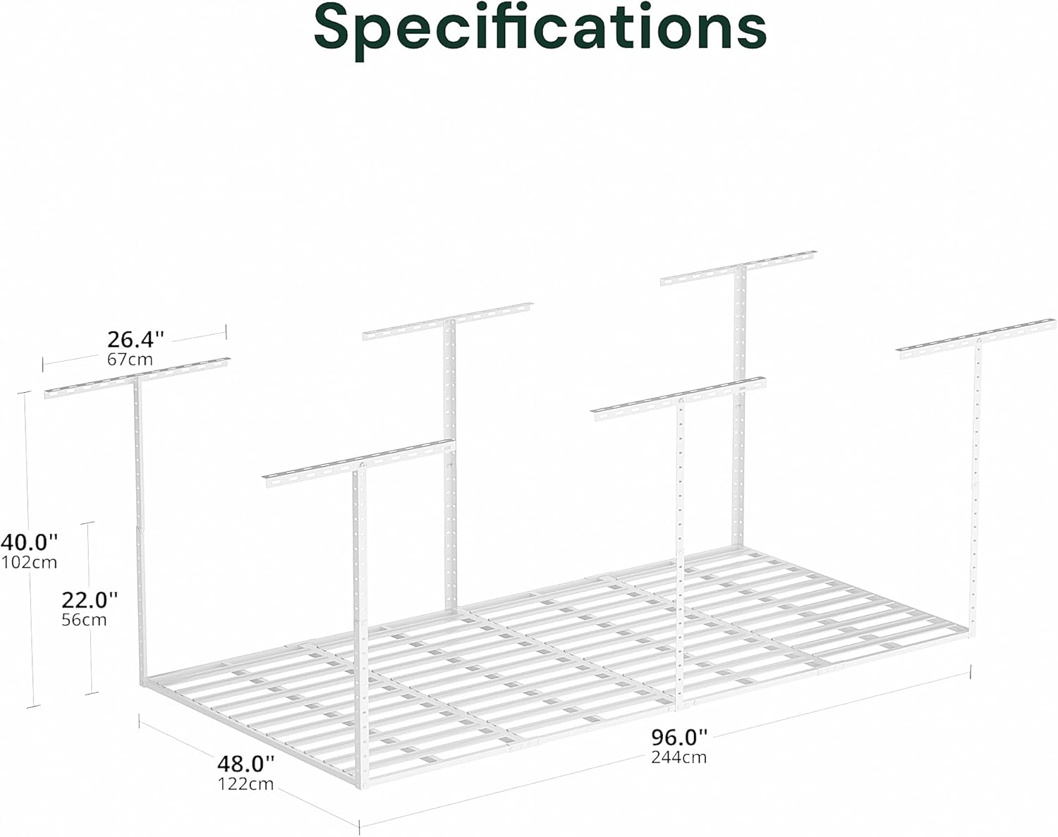 SunsGrove 4x8 Overhead Garage Storage Rack Organization, Adjustable Ceiling Mounted Storage Racks, 800LBS Weight Capacity, 22"-40" Ceiling Dropdown, White
