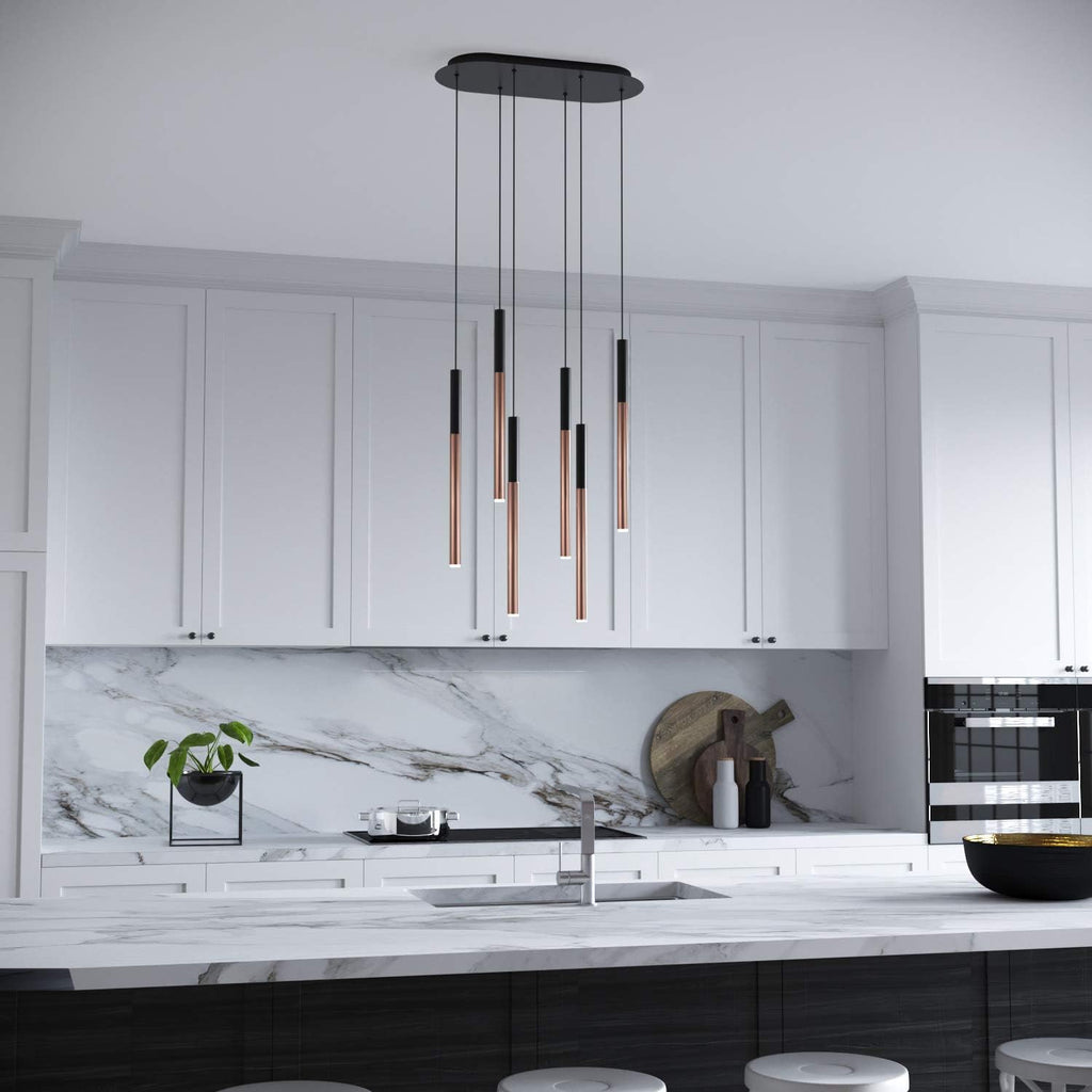 ALTAIR 6 Mini Pendant Lighting Black-Copper - LED Hanging Light Fixture for Kitchen Island, Bar, Foyer - Cluster Pendants - Dimmable, Adjustable Wire, Lamp Bulb Included
