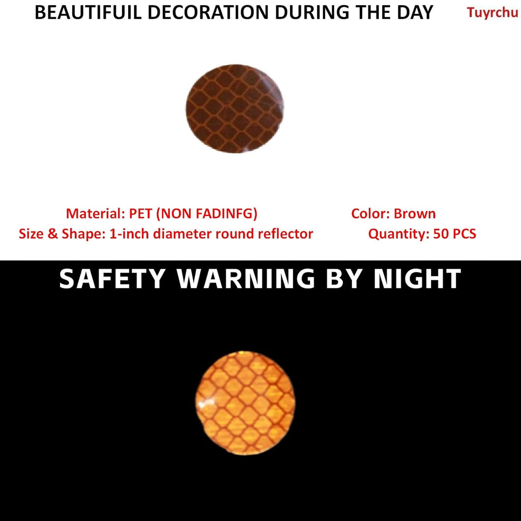 Non Fading Brown Reflective Stickers 1-inch Diameter Round Reflector, Outdoor Waterproof High Visibility Warning Adhesive Tape (50 Pcs)