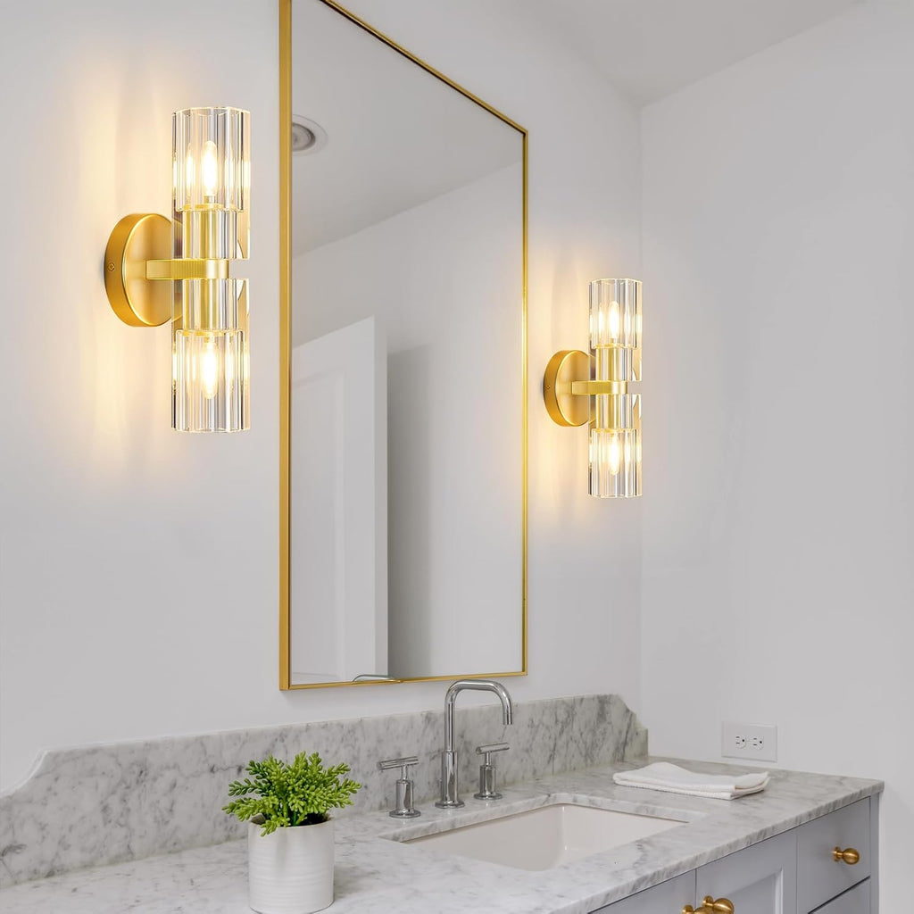 Modern Gold Wall Sconces Set of Two Bedroom Crystal Wall Sconces Indoor Sconces Wall Lighting Living Room Sconces with K9 Crystal Lampshade for Bathroom Hallway Entryway Stairway