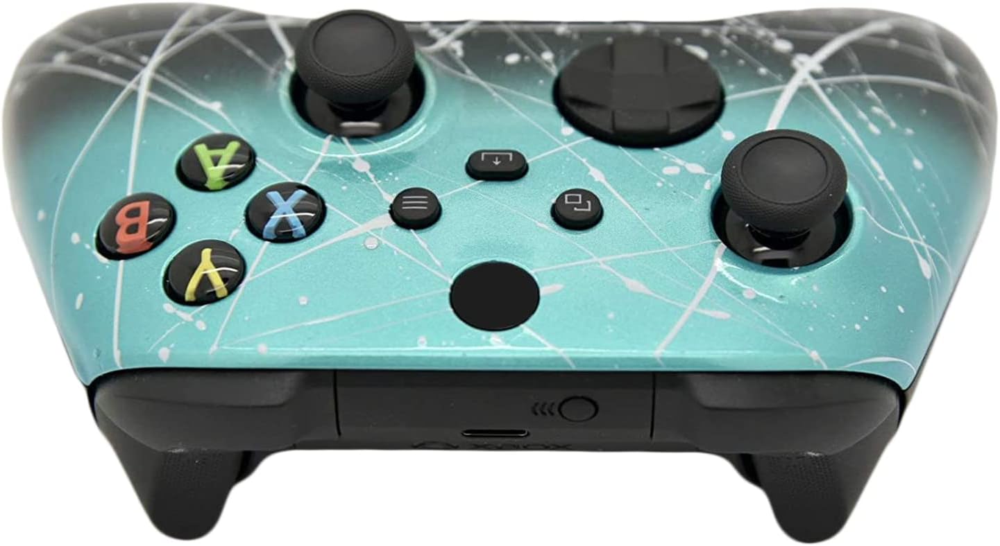 Hand Airbrushed Fade Custom Controller Compatible with Xbox Series X/S & Xbox One (Series X/S Teal & Black Fade W/Silver Splatter)
