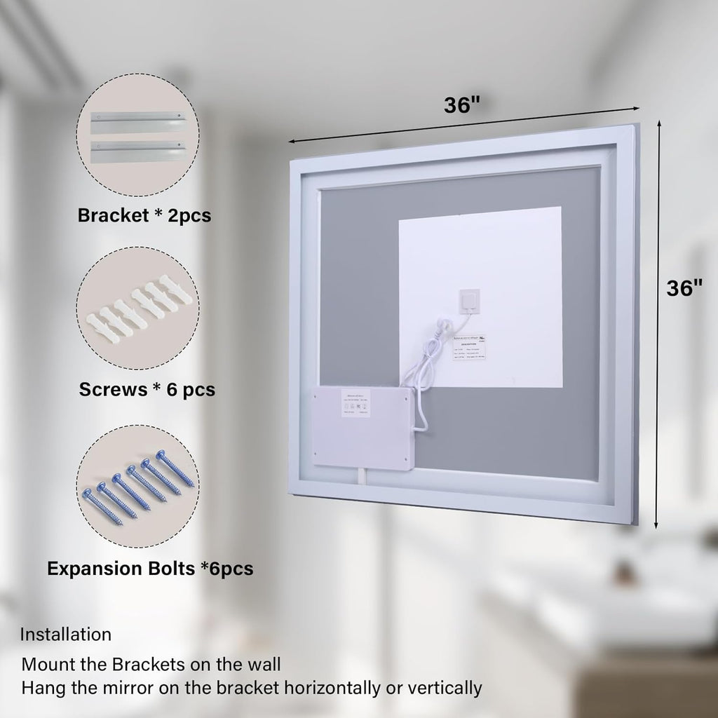 36x36 Inch Smart LED Bathroom Mirror - Anti-Fog Vanity Mirror with Touch Sensor, 3 Color Lighting & Dimmable Memory Function, Lighted Mirror, Modern Bathroom Wall Mirror
