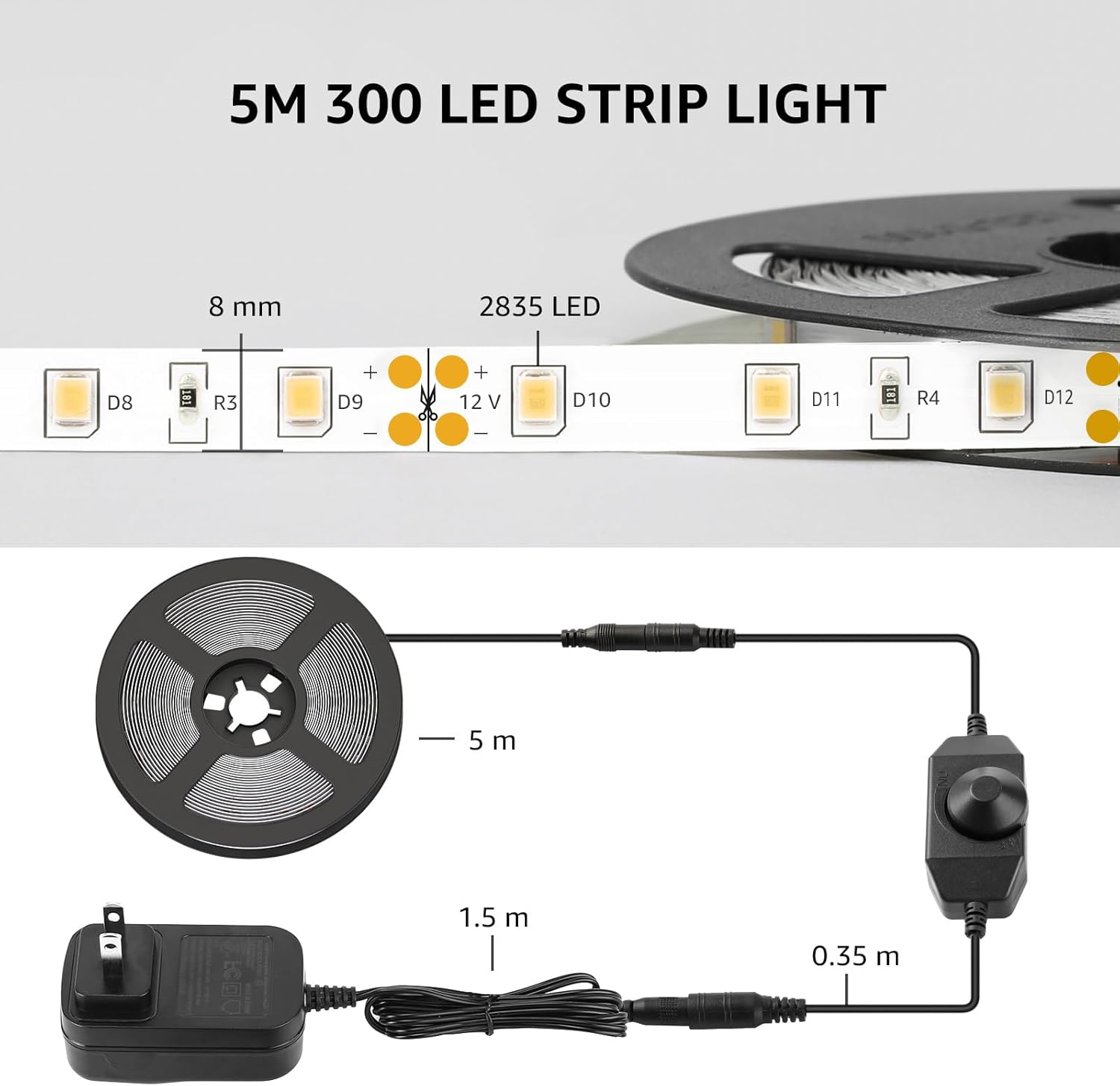 Lepro LED Strip Light White, 16.4ft Dimmable Vanity Lights, 6000K Super Bright LED Tape Lights, 300 LEDs 2835, Strong 3M Adhesive, Suitable for Home, Kitchen, Under Cabinet, Bedroom, Daylight White