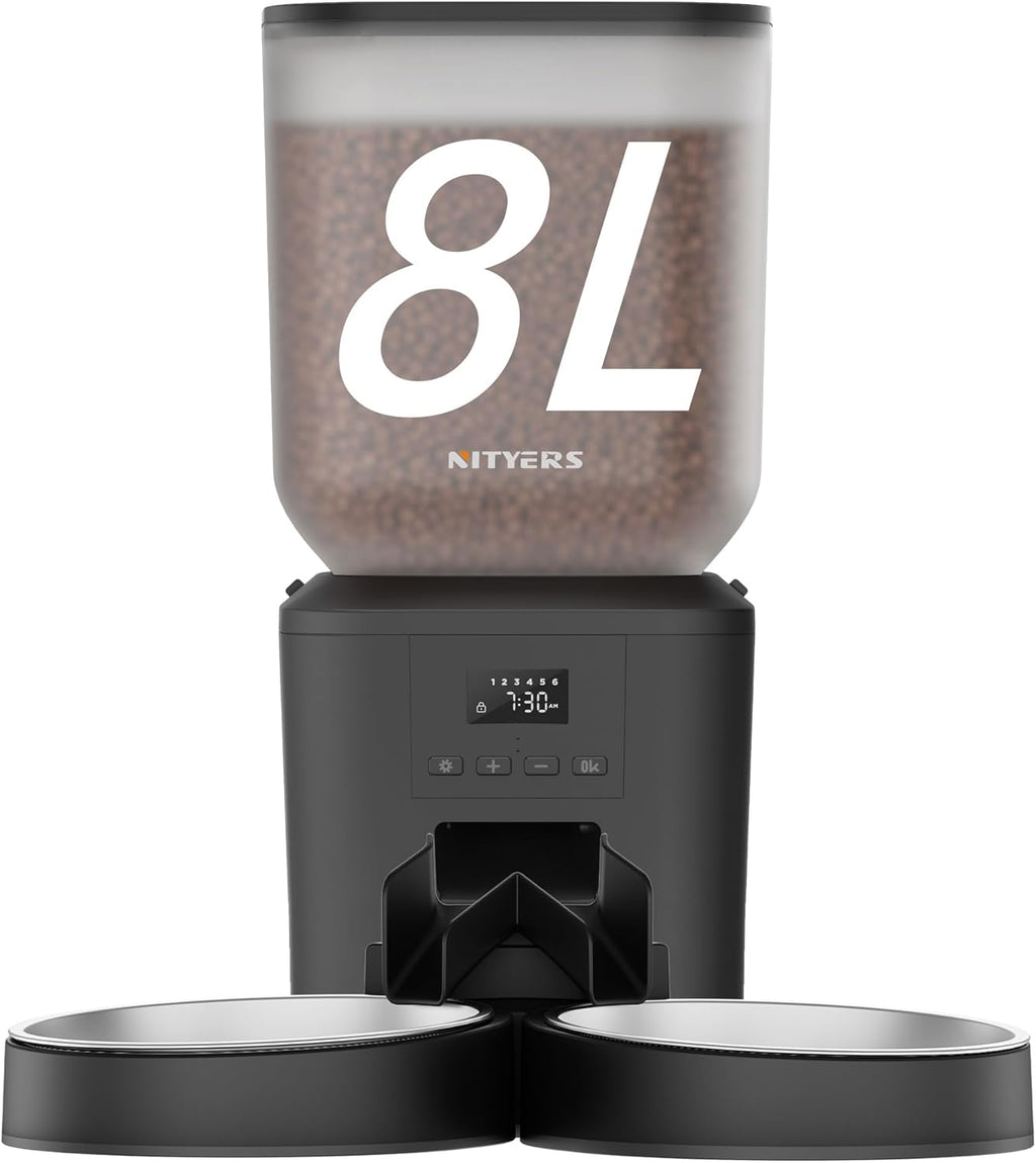 Automatic Cat Feeder for 2 Cats - 8L/34 Cups Large Capacity Auto Cat Food Dispenser with LCD Screen, 2 Food Trays, Timed Feeder, Up to 50 Portions 6 Meals Per Day, Keep Fresh