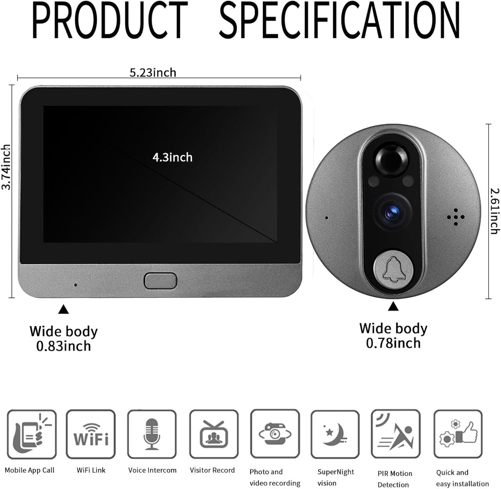 Cawhun Peephole Camera WiFi Doorbell with 4.3" LCD Smart Door Viewer – 1080P | 120° View, Night Vision, Motion Alerts & 2-Way Talk | Security Door Viewer for Homes/Apts via Smart Life App