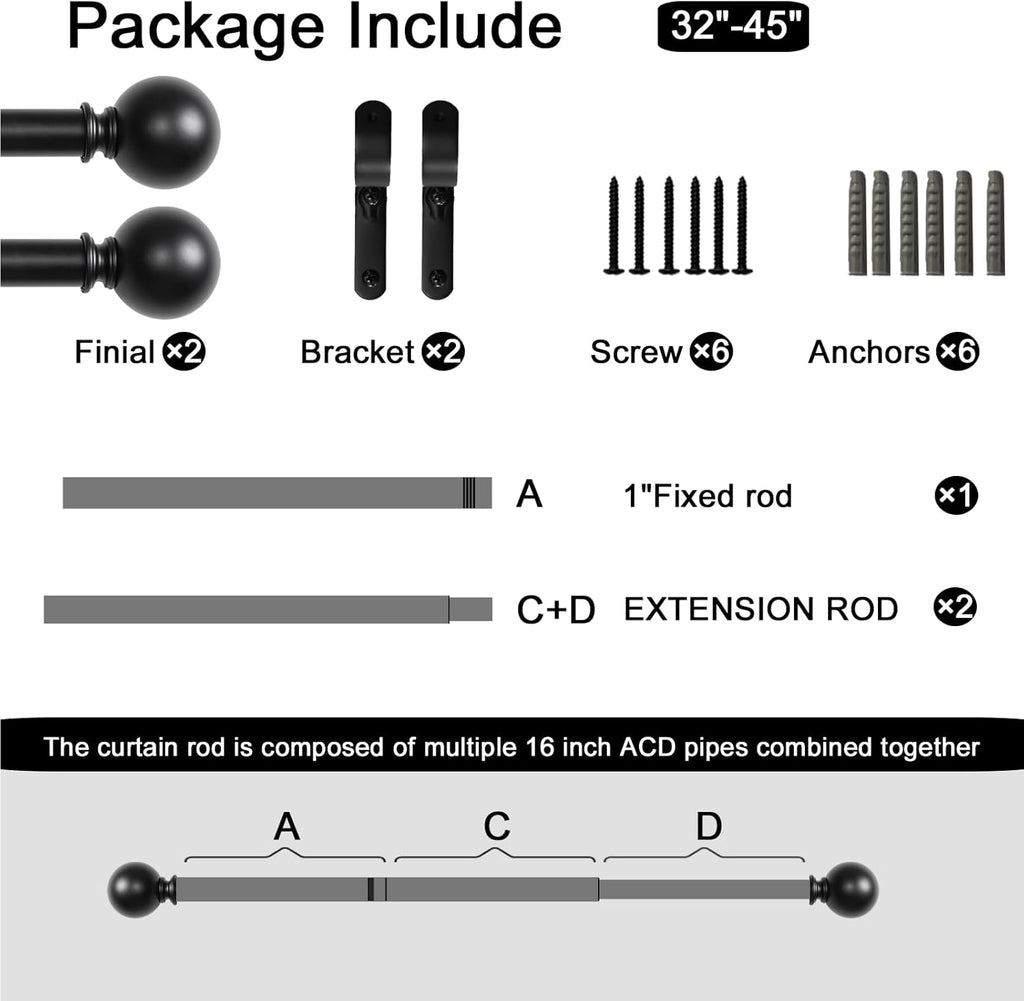 Black Curtain Rods for Windows 18 to 45 inches, 1 Inch Modern Metal Drapery Rods, Adjustable Heavy Duty Curtain Pole with Round Finials(18"-45"Black)
