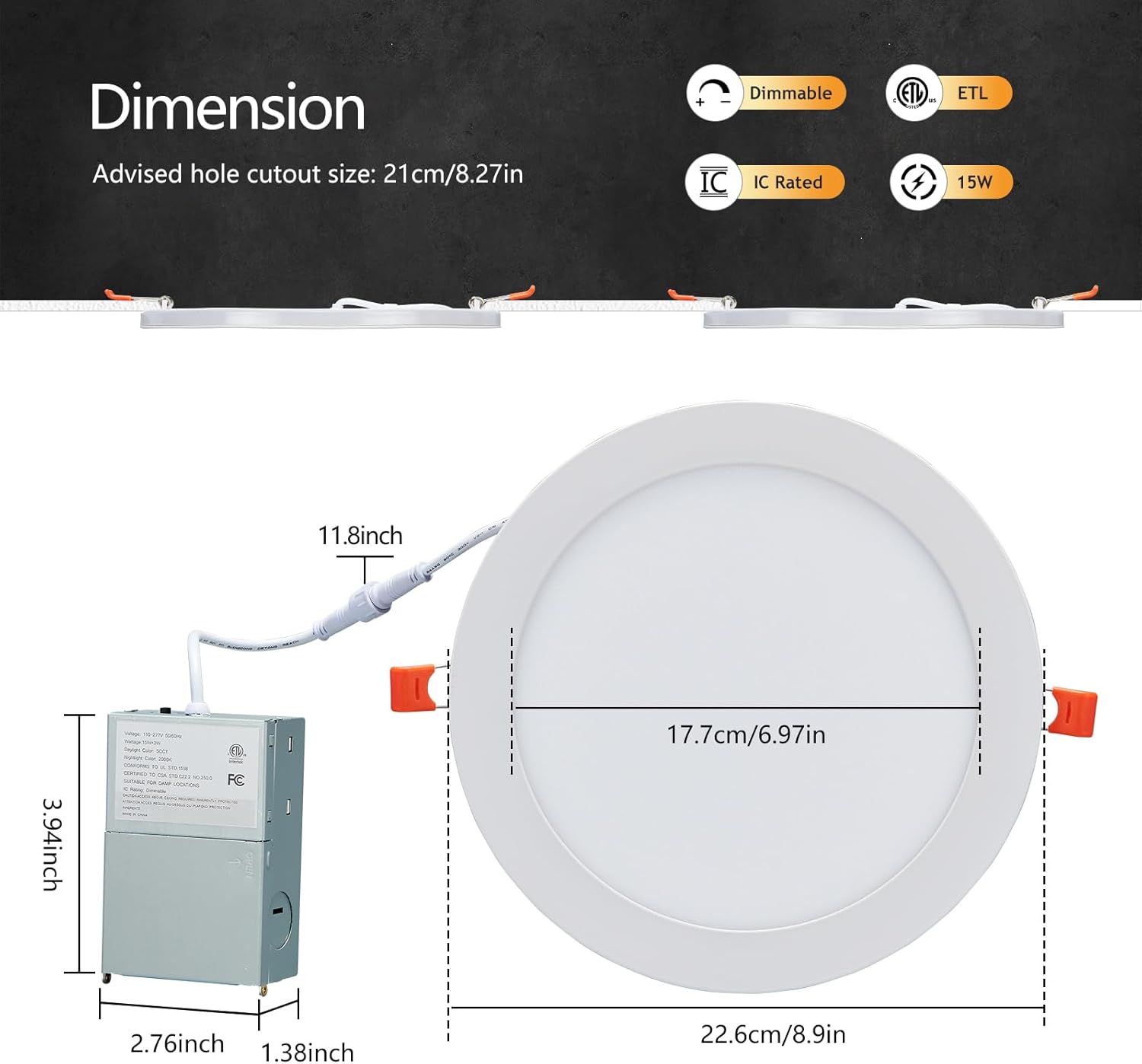 CycevSun 12 Pack 8 Inch LED Recessed Lighting with Night Light, Canless Wafer Downlight Ultra Thin, Dimmable & 5CCT Selectable, 15W, 1350LM, ETL, 120-277V, 8.2Inch Cutout