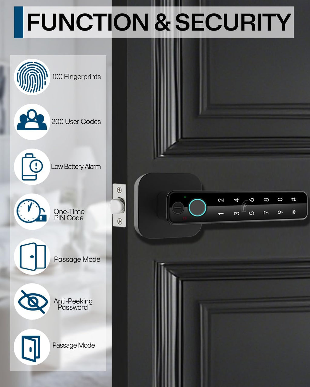 5-in-1 Smart Fingerprint Door Lock,Keyless Entry Digital Knob, Bluetooth App Control, Card and Key, Biometric Door Knob with Handle, Easy to Install for Exterior, Interior, Bedroom Doors