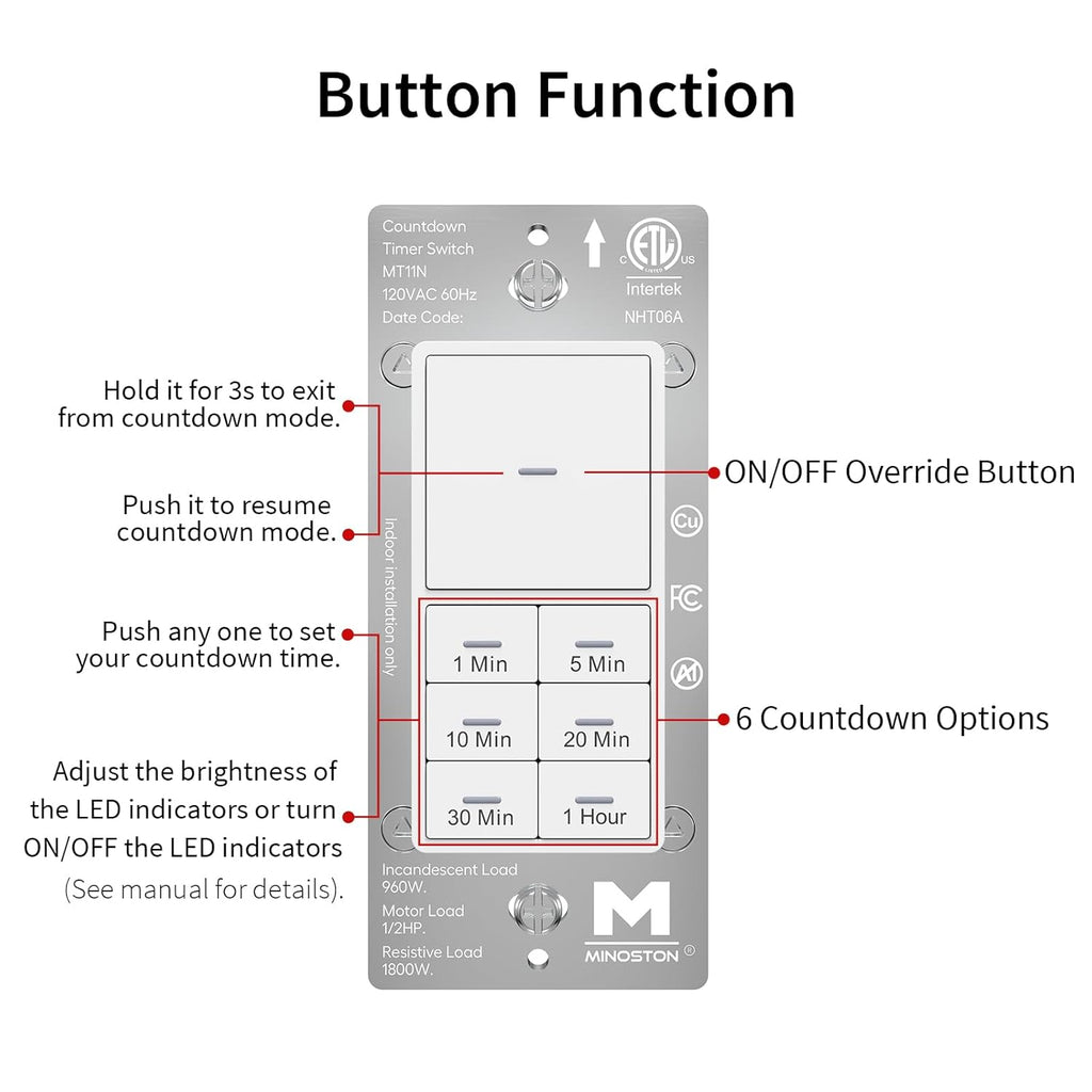 Minoston Countdown Timer Switch, 1-60 Min, Bathroom Fan Timer Switch, Adjustable LED Brightness, 120VAC Neutral Wire Req, ETL and FCC Listed, White (MT11N)