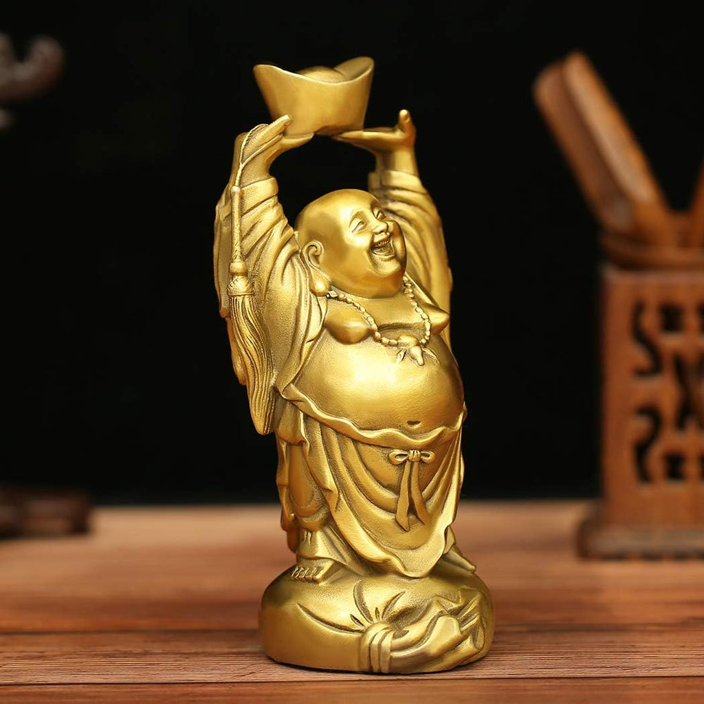 BRASSTAR Brass Laughing Buddha Holding Ingot Money Bag Statue Attract Wealth Feng Shui Ornament Home Office Decorative PTZY053