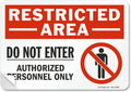 SmartSign 7 x 10 inch “Restricted Area - Do Not Enter, Authorized Personnel Only” Sticker Label with Symbol, 3 mil Laminated Adhesive Polyester, Red, White and Black, Made in USA