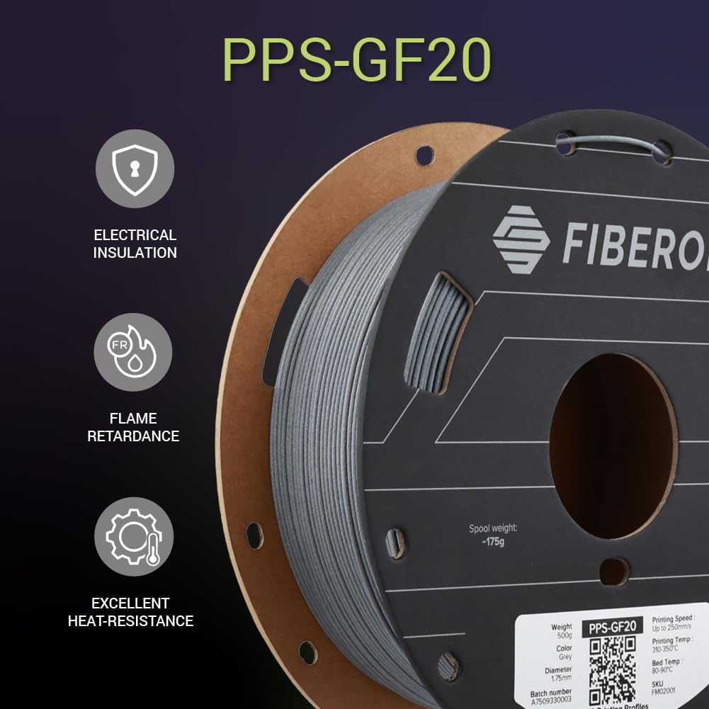 Polymaker Fiberon PPS-GF20 Filament 1.75mm 0.5kg Spool, Extreme Heat Resistance, Electrically Insulating, UL94 V0 Flame Retardant, Chemical Resistant, Ideal for Housings, Fixtures & Automotive Parts