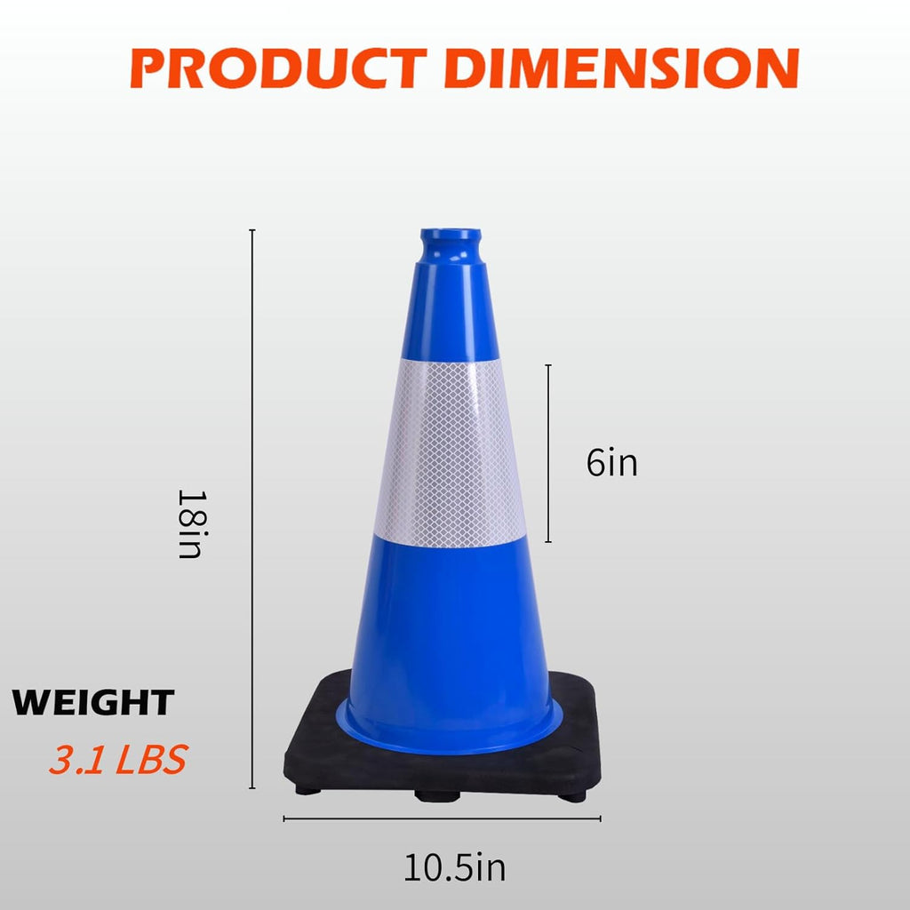 6 Pack 18 Inch Blue Traffic Cones with Reflective Stripes, Black Base Safety Cones for Parking Lots, Sports Events and Property Marking (6, Blue, 18 Inch)