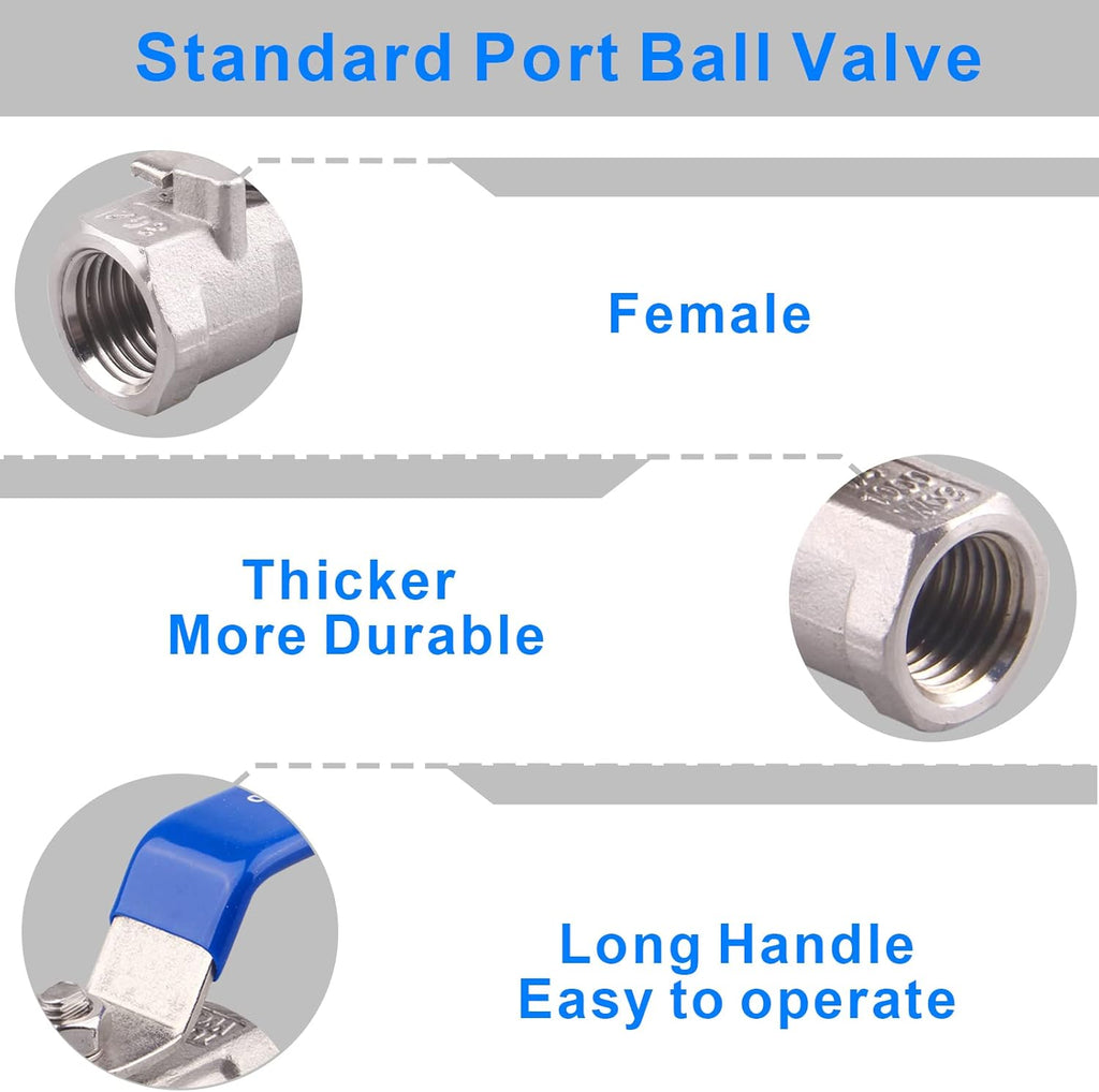 DERNORD Stainless Steel Ball Valve 1PC Type 0.25" NPT Standard Port for Water, Oil, and Gas (1/4 Inch Ball Valve)