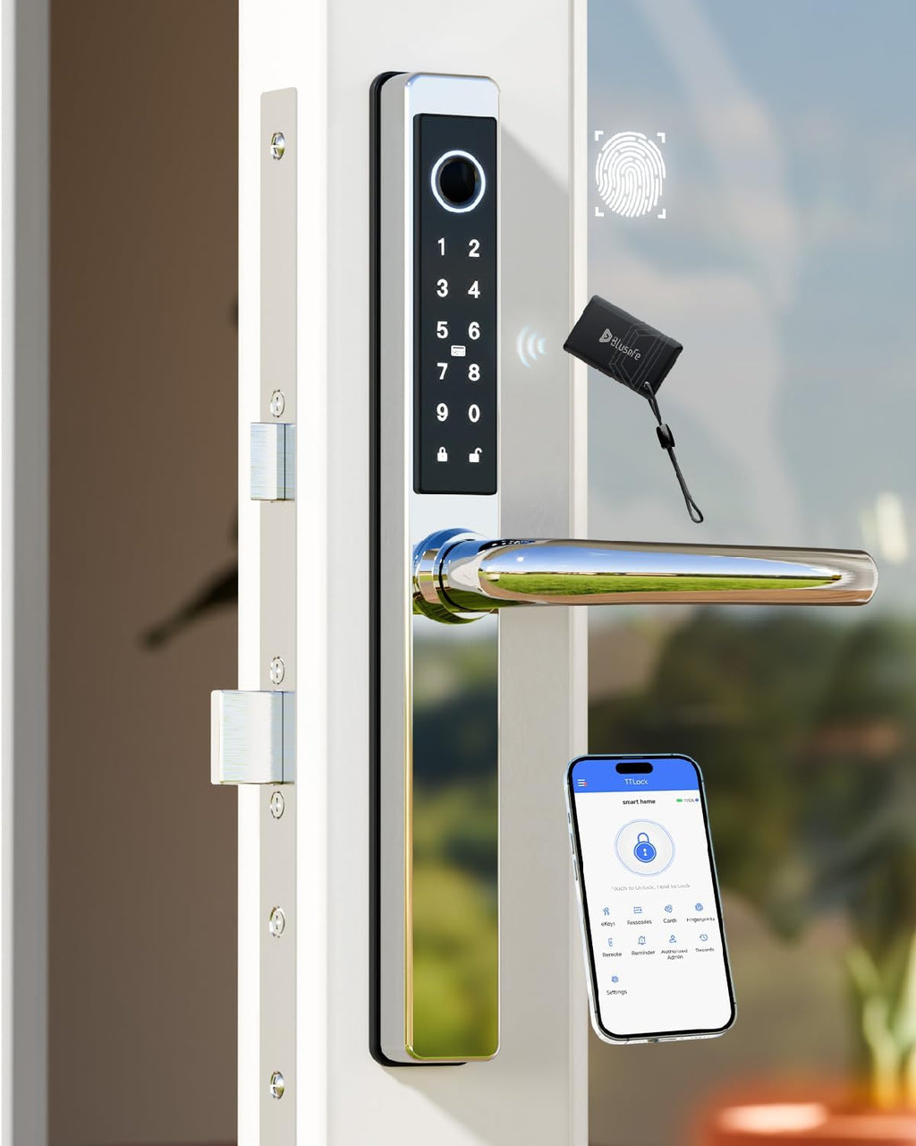 Electronic Smart Door Lock Fingerprint Door Lock with Keypad，Smart Lock for Front Door Children Proof IC Card,40–90mm Multipoint Locks (Not Suitable Point Mortise Lock)(OSP Mirror Silver)