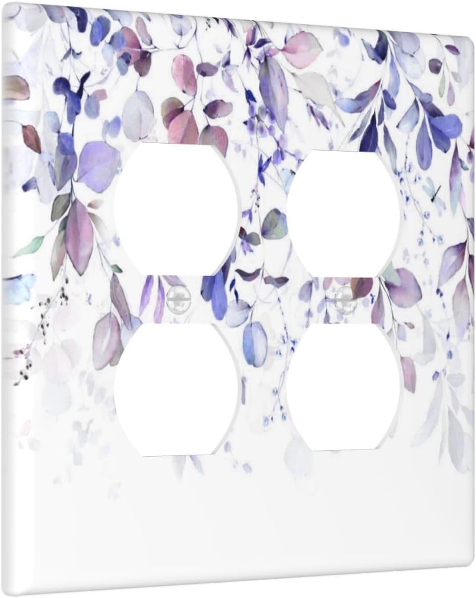 Purple Eucalyptus Watercolor Floral Rustic Leaf Outlet Covers 2 Gang Double Duplex Decorative Light Switch Covers Electrical Wallplates Socket Faceplate for Farmhouse Home Decor