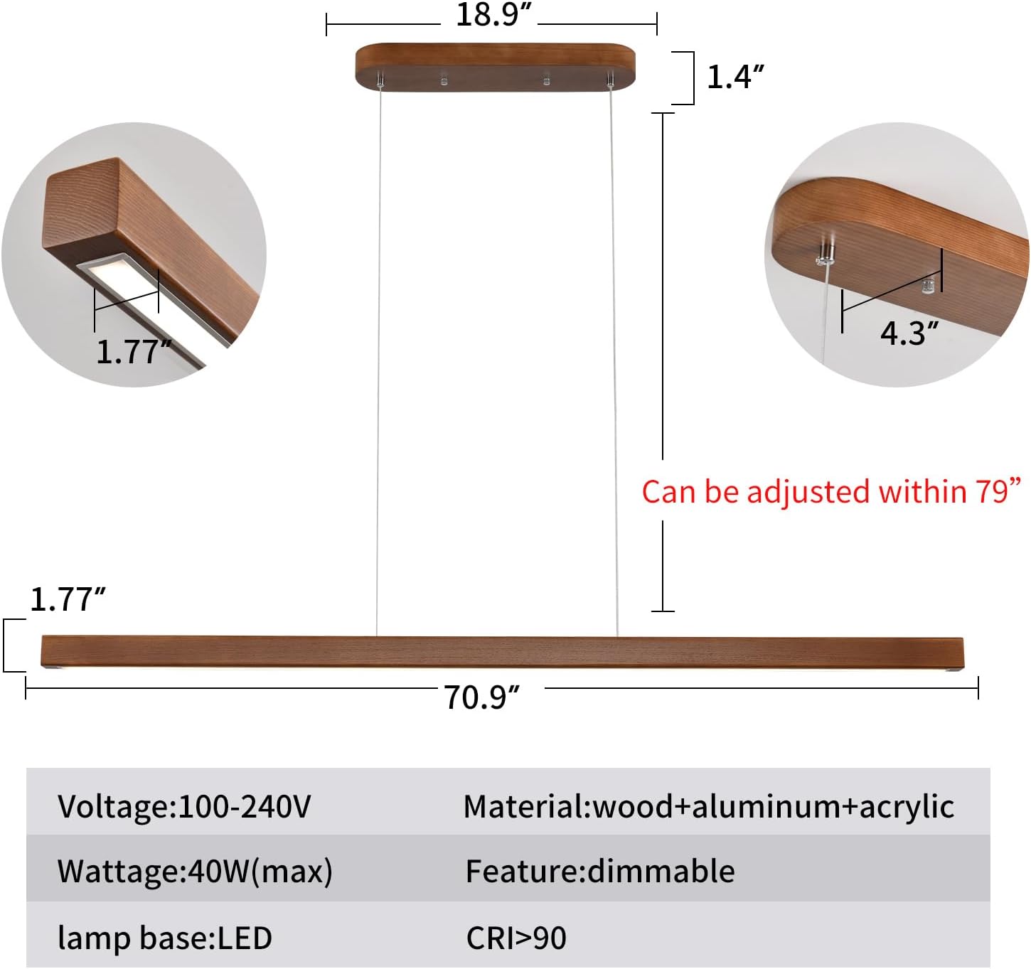 71" Wood Linear Pendant Light Modern LED Dimmable Ceiling Hanging Light Fixtures Wood Linear Chandeliers 40w for Dining Room Kitchen Island Pool Table Bar Walnut Color
