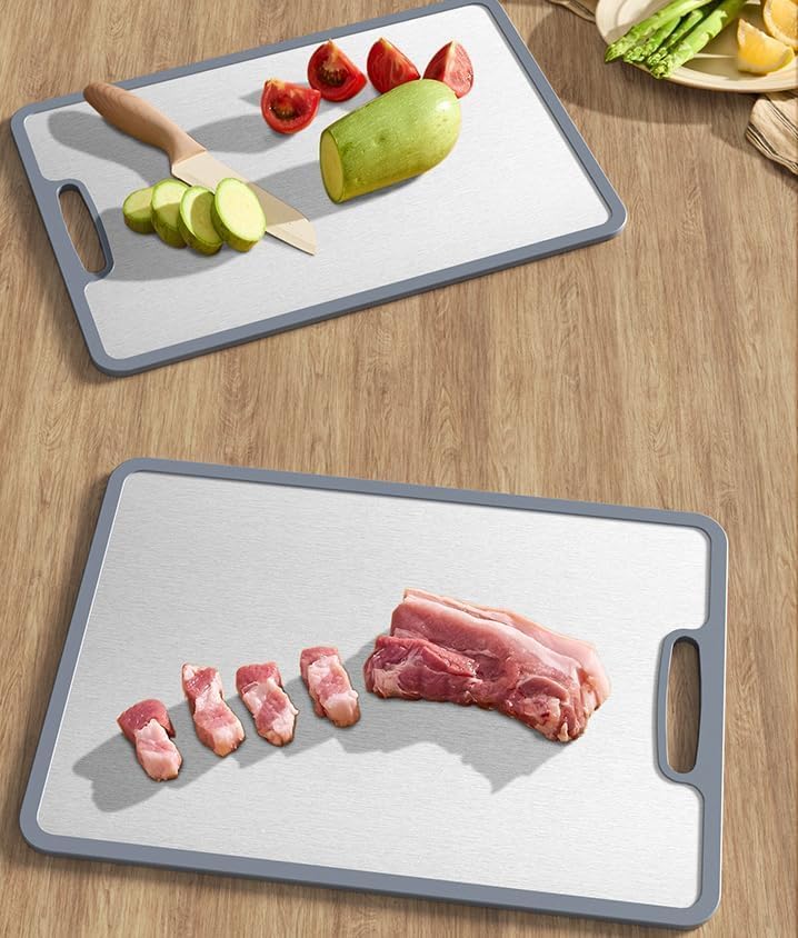 Stainless Steel Cutting Board for Kitchen - Dishwasher Safe With Silicone Edge - Non Slip .304 Stainless Steel Double Sided Cutting Board Perfect Size14x10inch