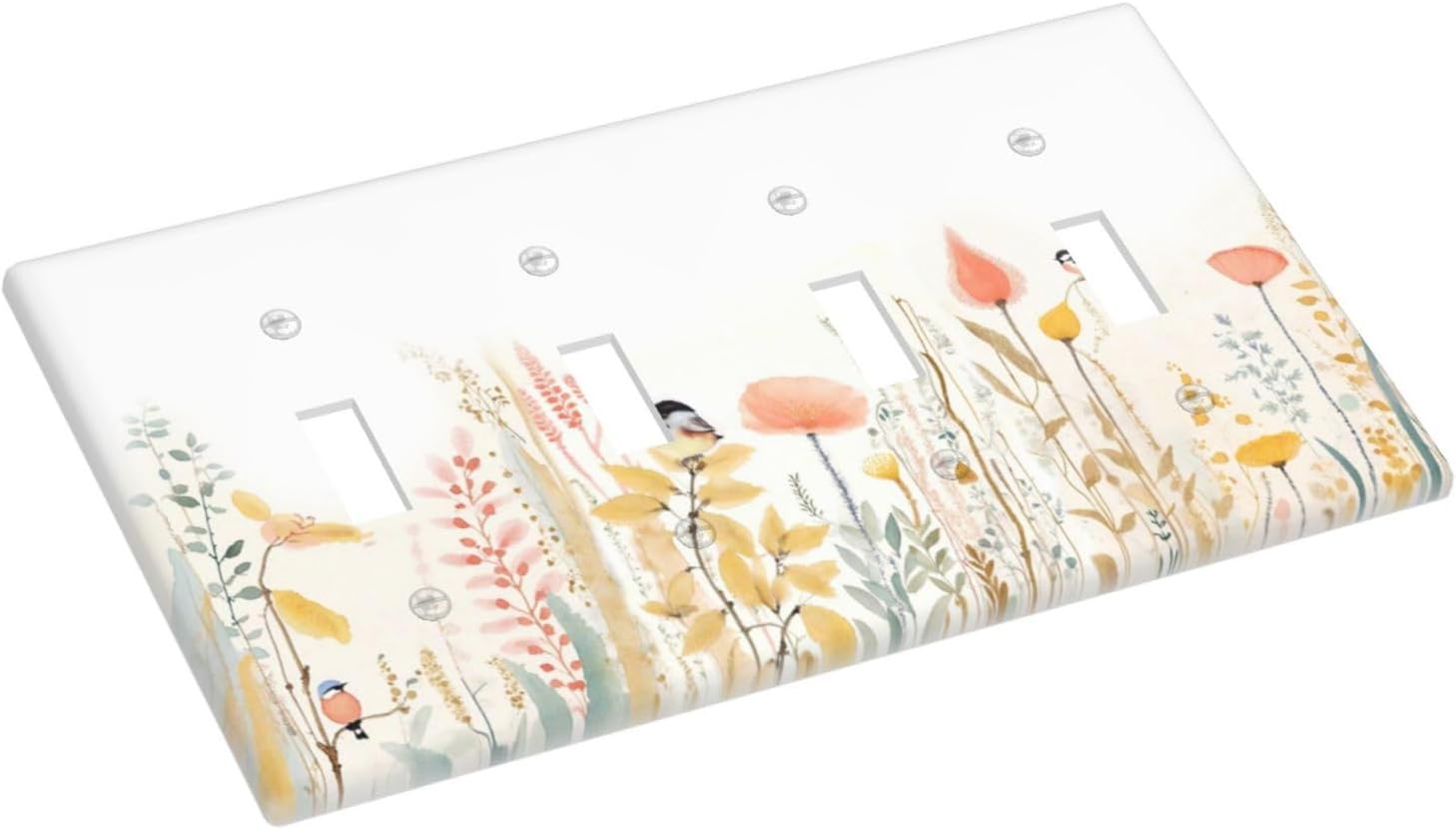 Light Switch Covers Colorful Floral Watercolour Cuddly Bird Quad Toggle Electrical Faceplate 4 Gang Wall Plate Decorative Switch Plates For Bed Room Living Room Decor