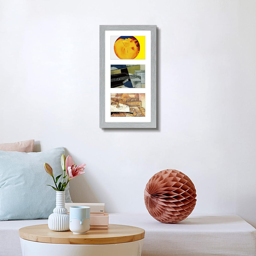 Golden State Art, Set of 10, 9x18 Grey Wood Frame - White Mat for Three 5x7 Pictures - Sawtooth Hangers- Swivel Tabs - Wall Mounting - Landscape/Portrait - Real Glass - Collage Frame