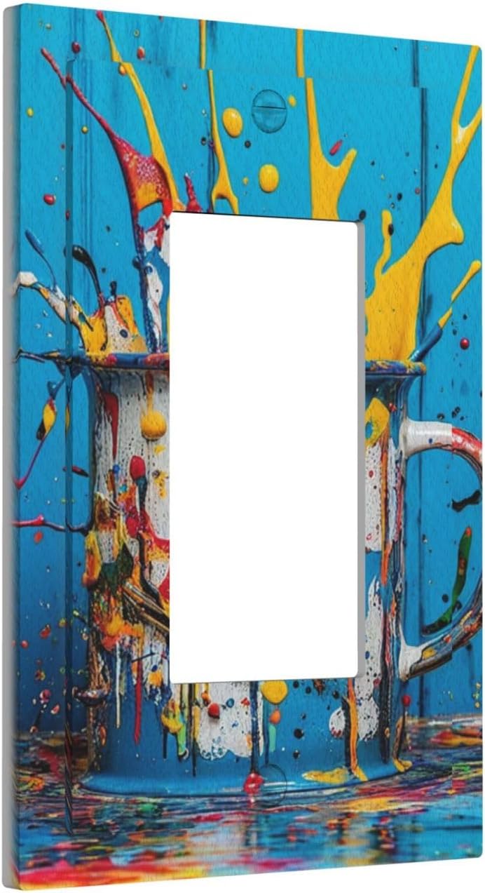 Decorative Outlet Covers Colorful Paint Splatters Blue Wood Plank 1 Gang Single Decora GFCI Device Light Switch Covers Plate 1 Rocker Wall Plate Jumbo Faceplate
