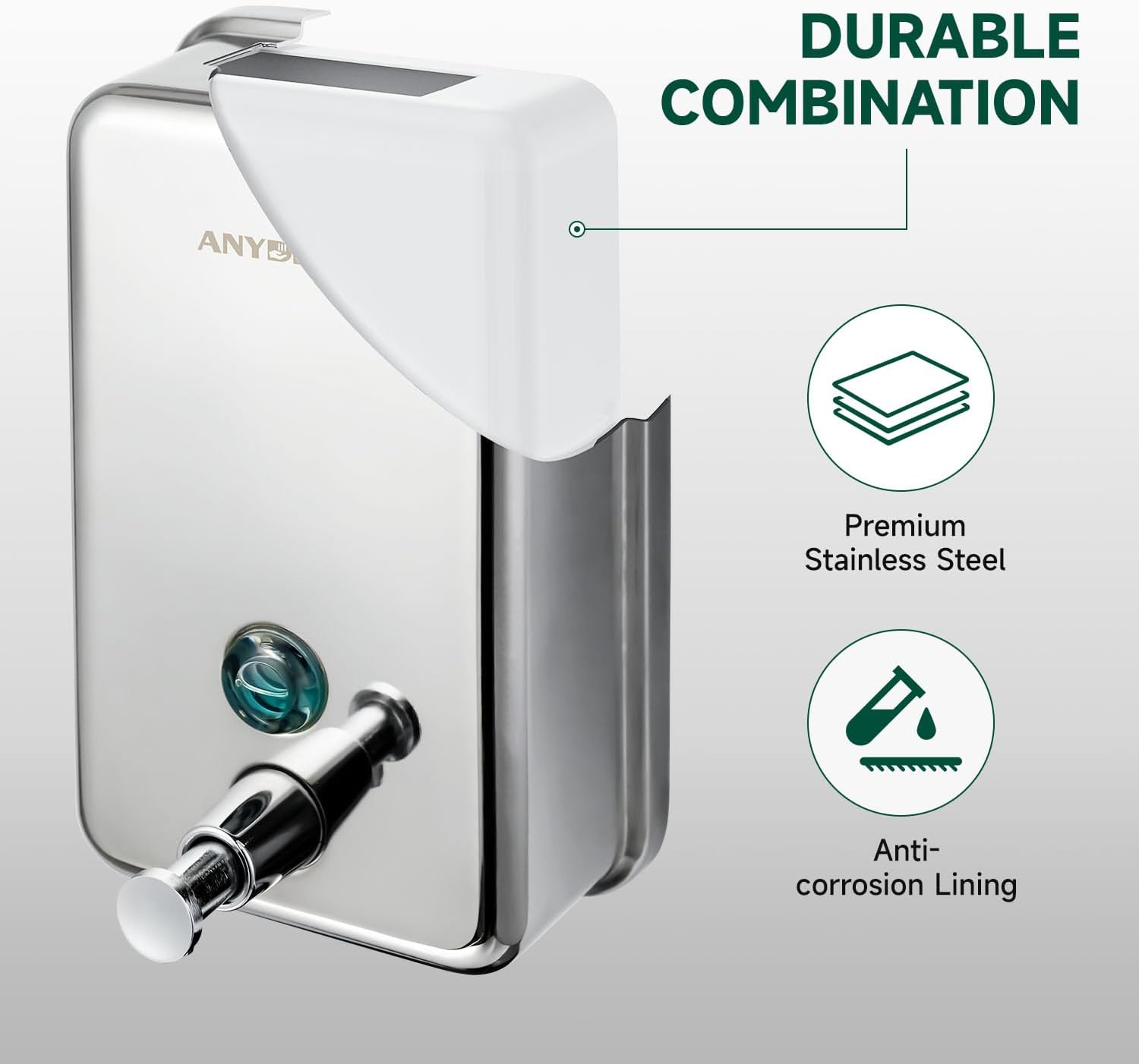 Commercial Manual Soap Dispenser, Durable Polished Stainless Steel Finish, 37oz (1100ml) Liquid, Wall-Mounted for Bathroom & Kitchen