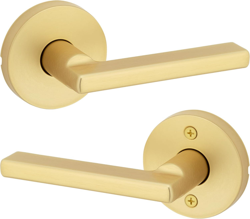 Kwikset Halifax Interior Passage Door Handle, Lever for Closet and Hallway Doors, Reversible Non-Locking Handle Lever, Satin Brass, with Microban Protection