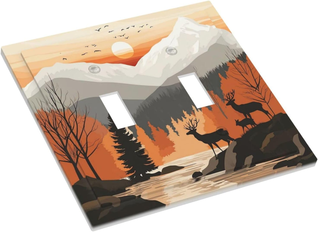 Sun Forest Deer Snow Mountain River Decorative Switch Plates 2 Gang Double Toggle Outlet Light Switch Cover Wall Plate Electrical Faceplate For Bed Room Living Room Decor