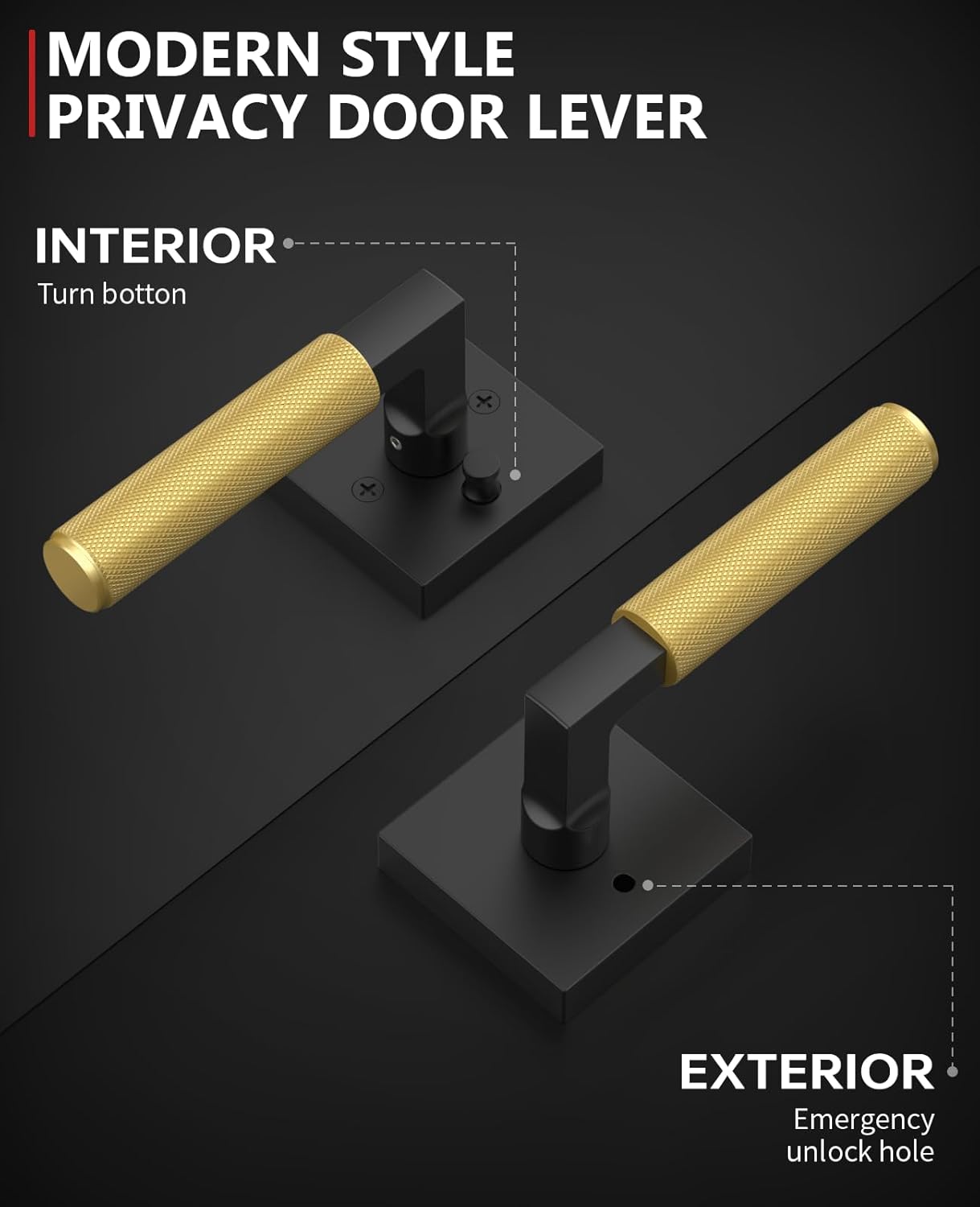 Asidrama 4 Pack Privacy Black and Gold Door Handles, Door Lever with Door Knobs Indoor for Bedroom or Bathroom, Heavy Duty Door Handles Interior with Locks for Left Right Sided Doors