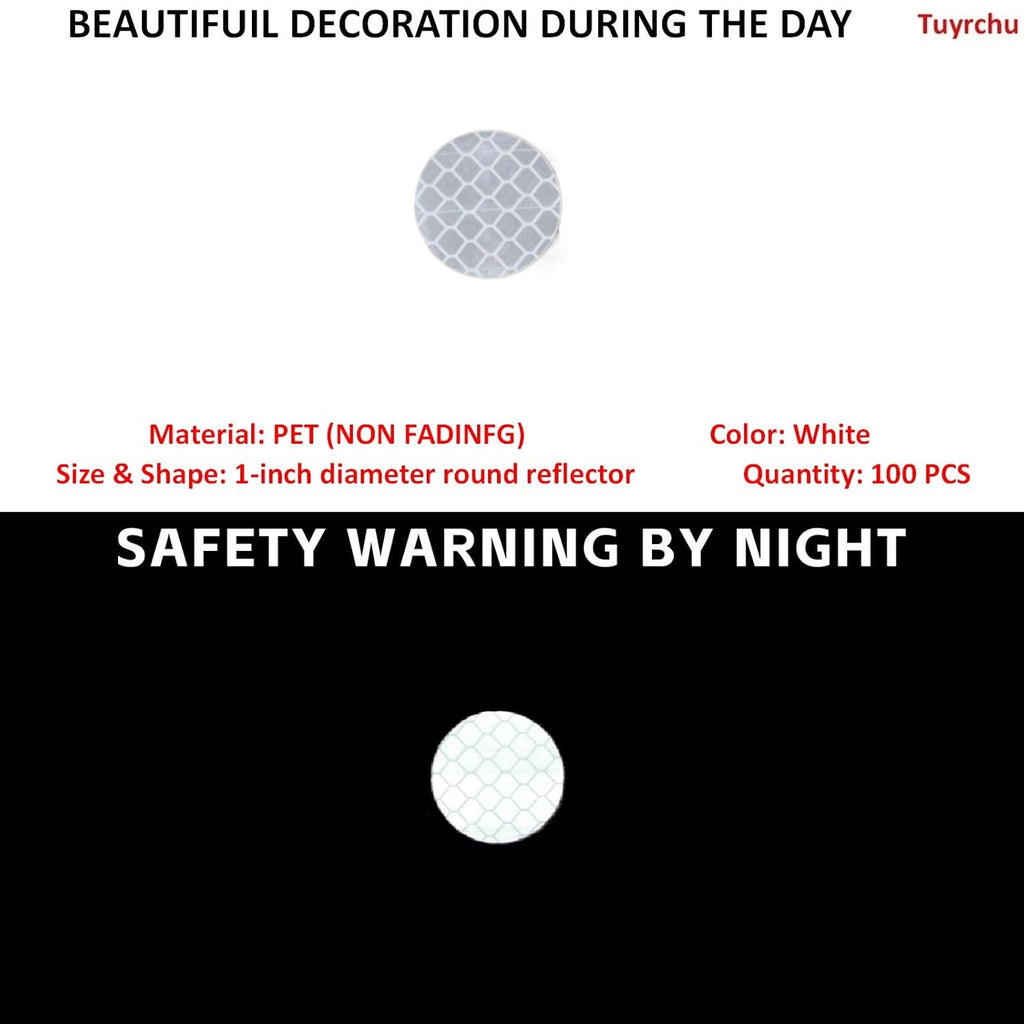 Non Fading White Reflective Stickers 1-inch Diameter Round Reflector, Outdoor Waterproof High Visibility Warning Adhesive Tape (100 Pcs)