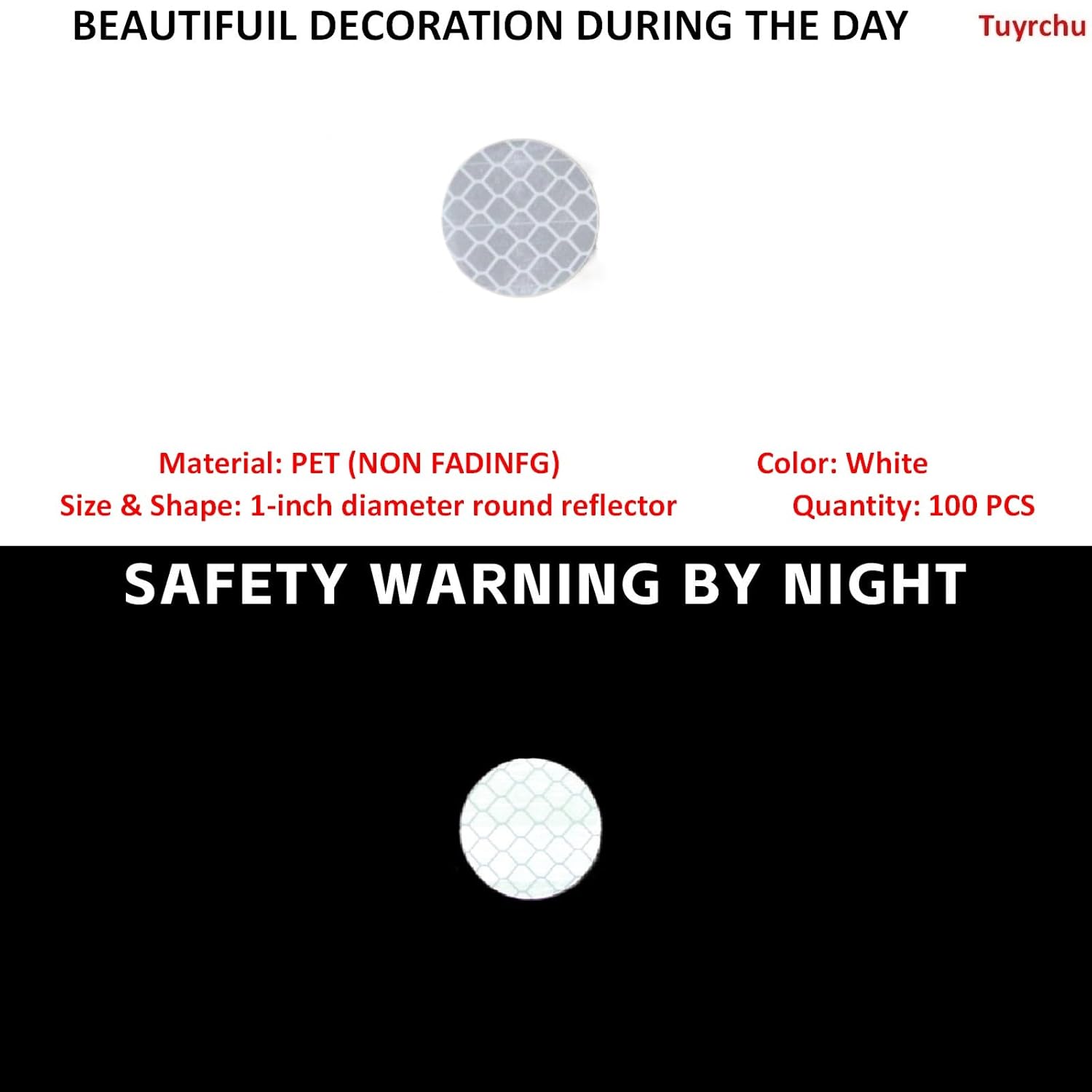 Non Fading White Reflective Stickers 1-inch Diameter Round Reflector, Outdoor Waterproof High Visibility Warning Adhesive Tape (100 Pcs)