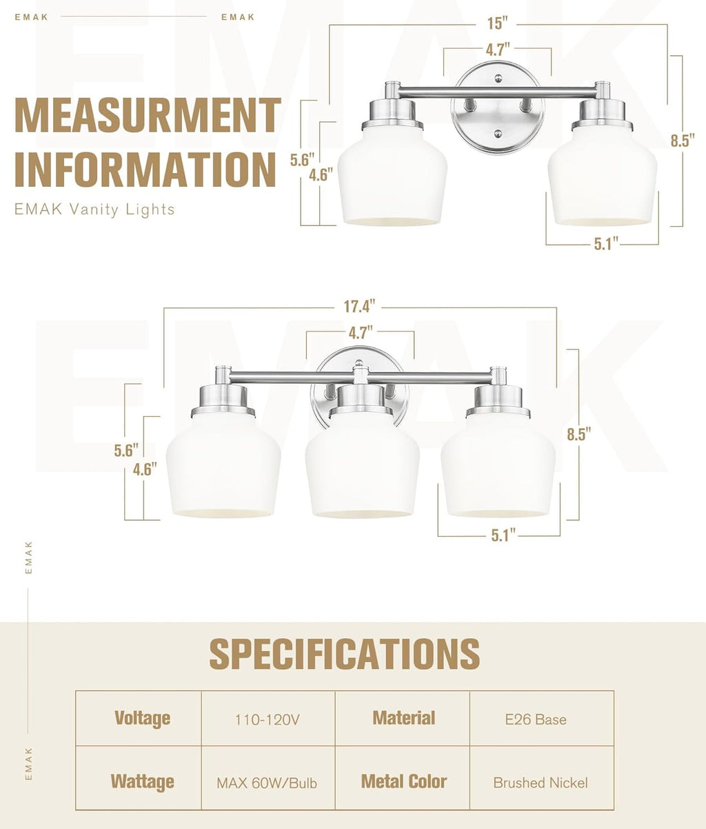 Emak Brushed Nickel Bathroom Light Fixtures, 2-Light Bathroom Vanity Light with Milk Glass Shade, Modern Vanity Lights for Bathroom, Mirror, VL122-BN-ML-2