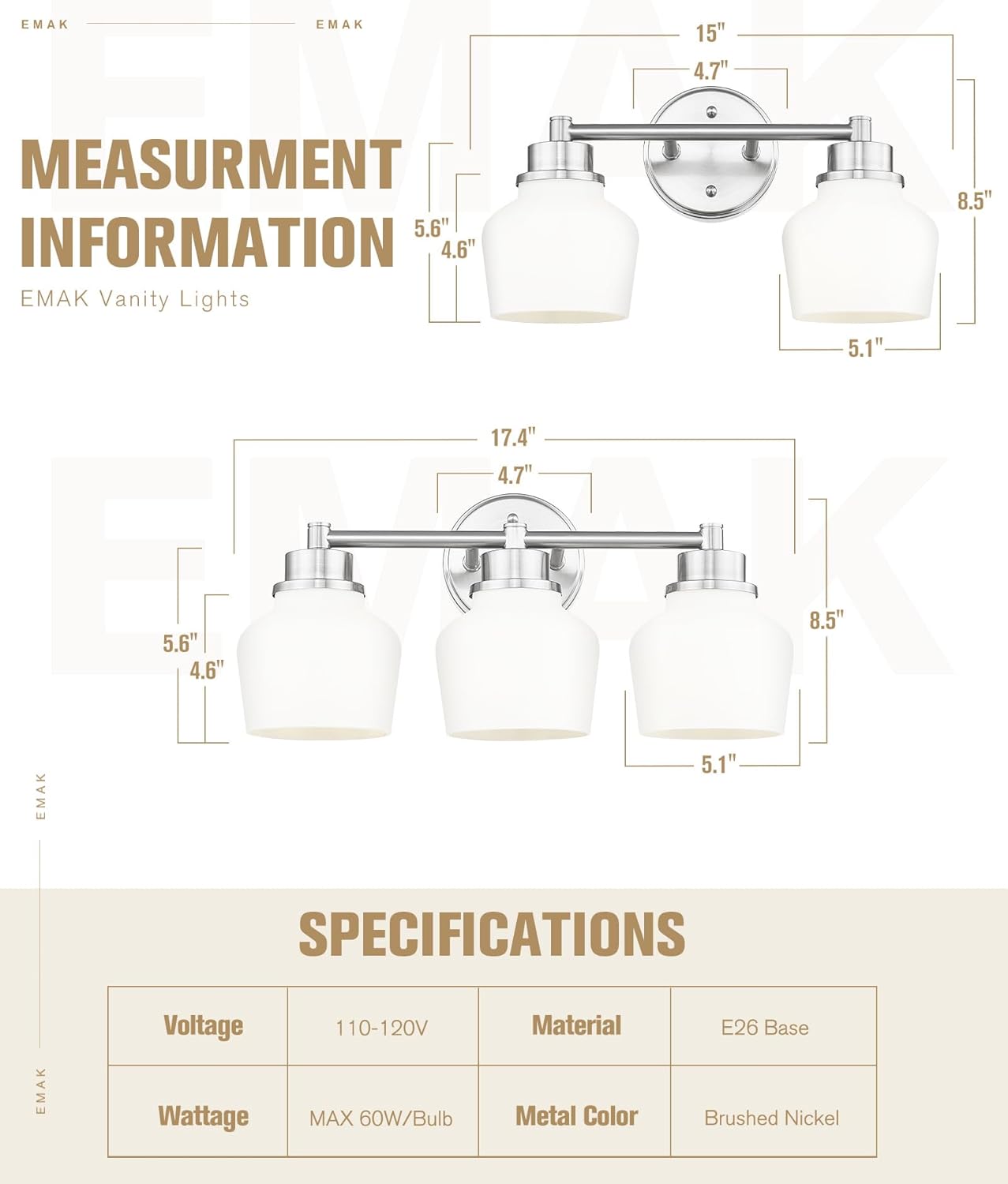 Emak Brushed Nickel Vanity Lights, Modern Milk Glass Bathroom Light Fixtures, 3-Light Bathroom Vanity Light Over Mirror, VL122-BN-ML-3
