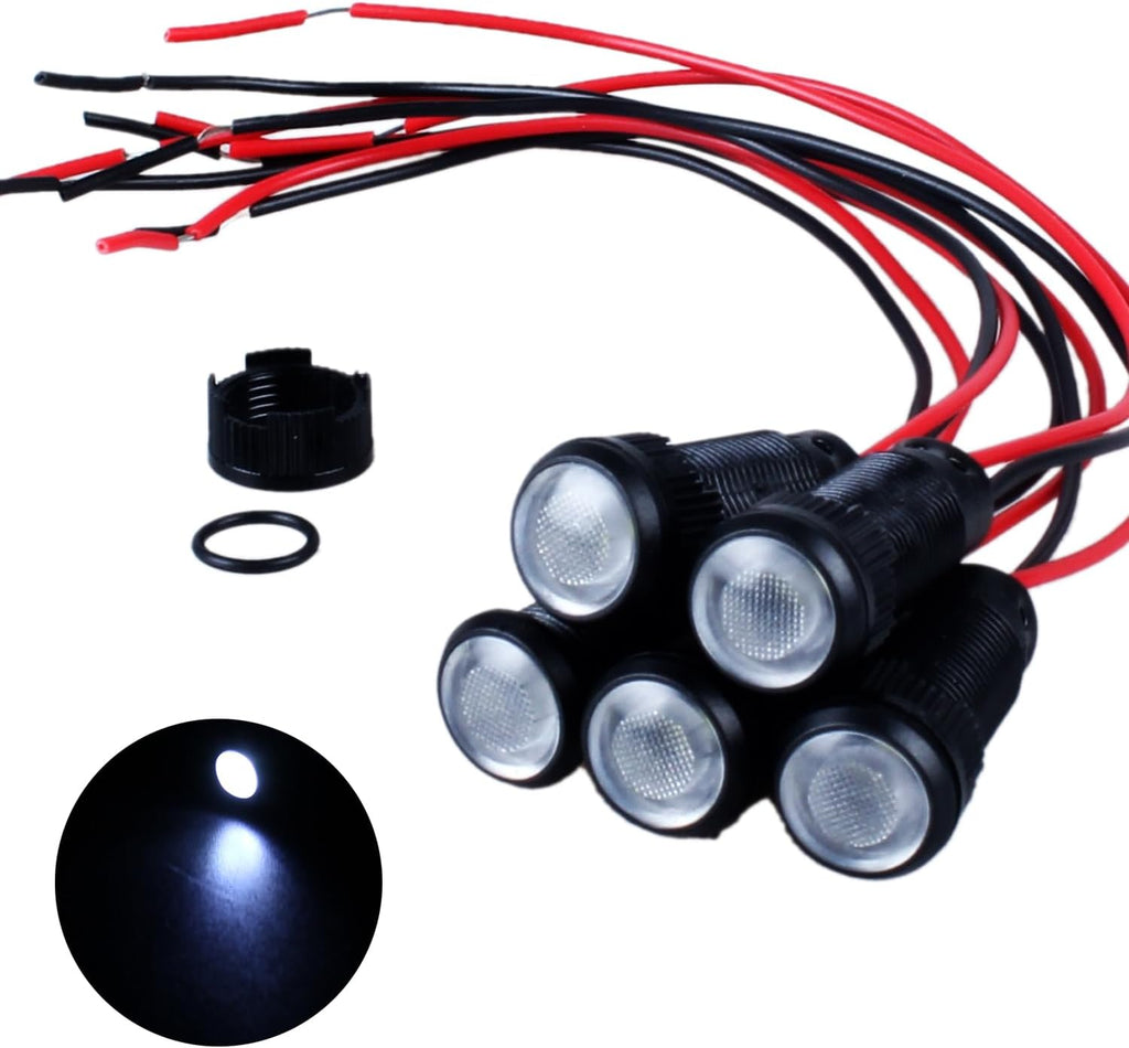 5pcs 10mm LED Indicator Light Plastic Black Signal Dot Lamp 12V-24V 2/5" Mounting Hole Size with 15cm/5.9in. Wire (White LED)