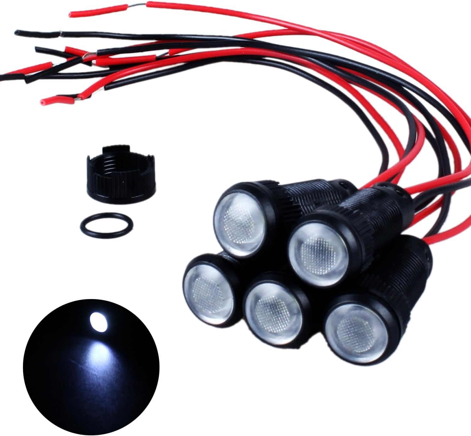 5pcs 10mm LED Indicator Light Plastic Black Signal Dot Lamp 12V-24V 2/5" Mounting Hole Size with 15cm/5.9in. Wire (White LED)